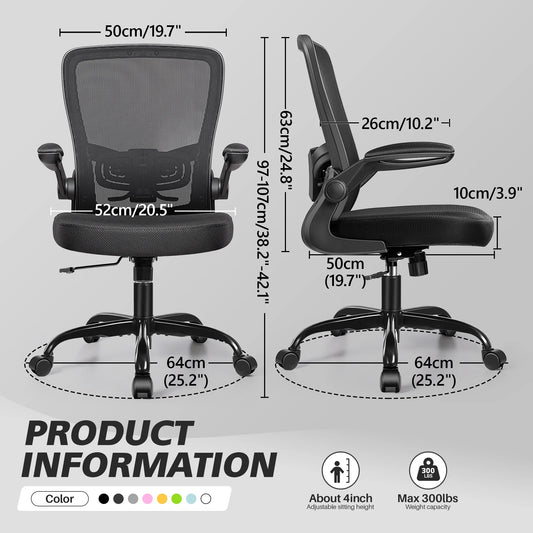 Ergonomic Office Chair, Home Office Desk Chair, Comfort Mesh Task Chair with Adjustable Lumbar Support and Flip up Arms, Black
