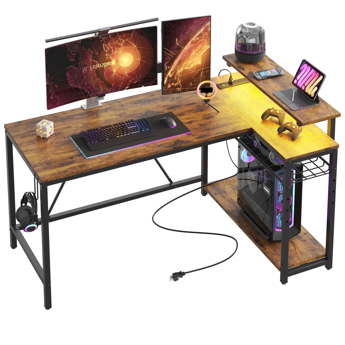 52" Computer Desk with LED Lights L Corner Shaped Desk with Power Outlet & Monitor Stand Home Office Desk in Rustic