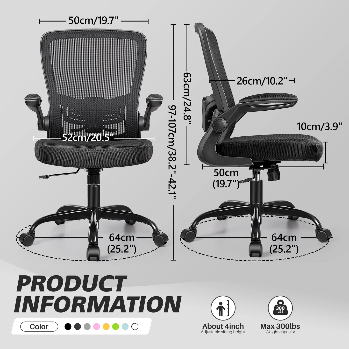 Ergonomic Office Chair, Home Office Desk Chair, Comfort Mesh Task Chair with Adjustable Lumbar Support and Flip up Arms, Black