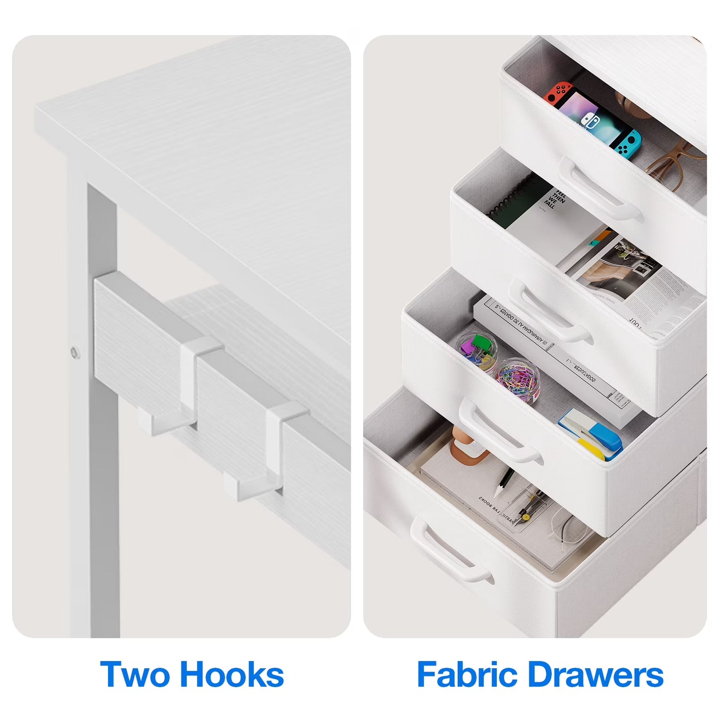 Reversible L Shaped Corner Desk with Charging Station and Drawers, Modern Office & Gaming Desk, Pure White