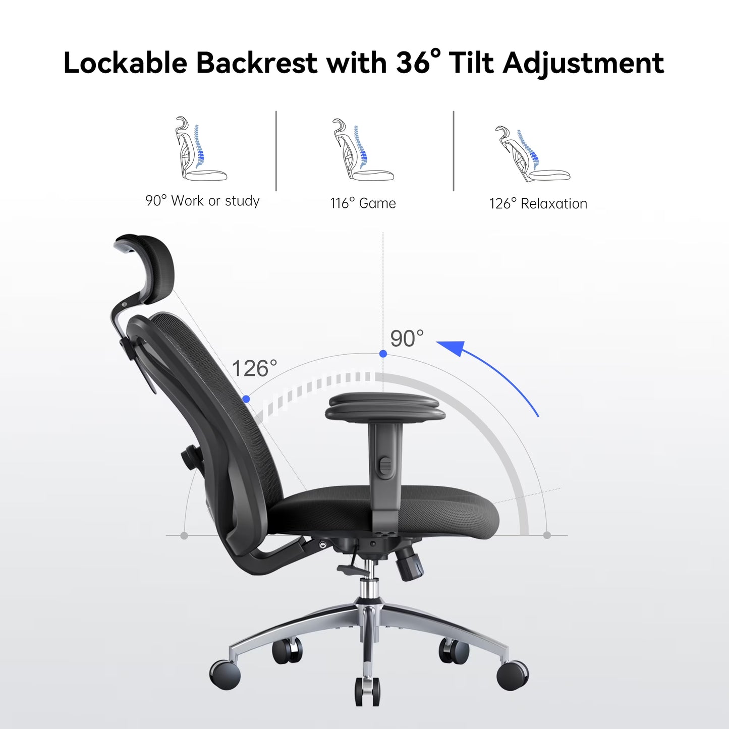 M18 Mesh Ergonomic Office Chair with Adjustable Lumbar Support, High Back, Black