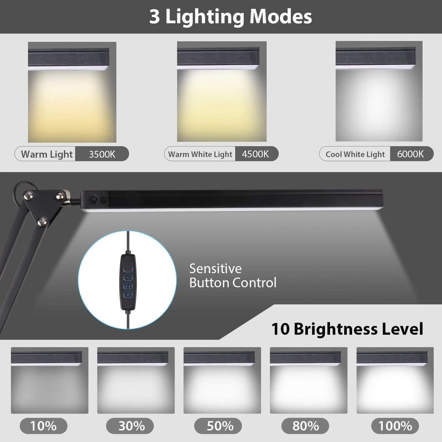 LED Desk Lamp with Clamp, Swing Arm Desk Lamp, Adjustable Desk Light Eye-Care Table Light(3 Color Modes, 10-Level Dimmer, Eye Care)