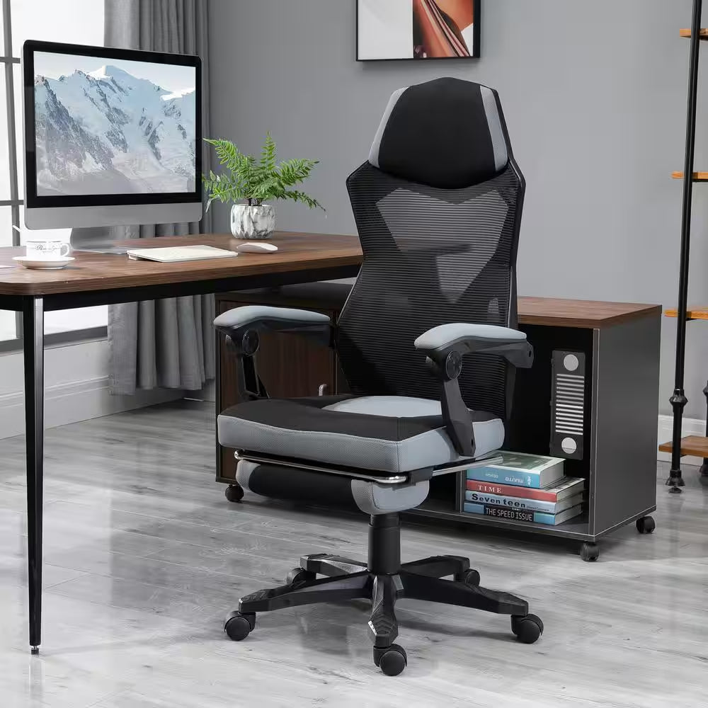 Grey, Ergonomic Home Office Chair High Back Armchair Computer Desk Recliner with Footrest, Mesh Back, Lumbar Support
