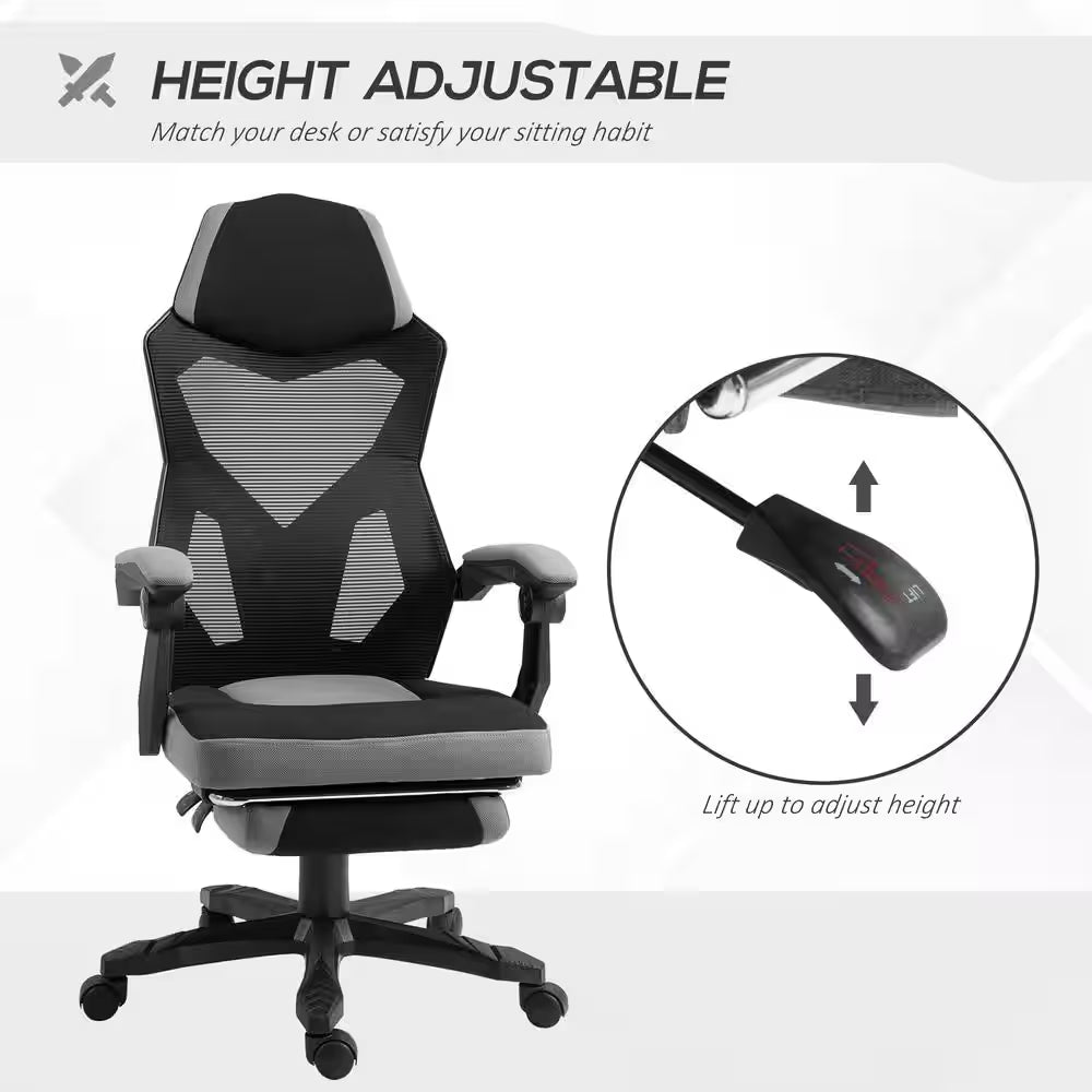 Grey, Ergonomic Home Office Chair High Back Armchair Computer Desk Recliner with Footrest, Mesh Back, Lumbar Support