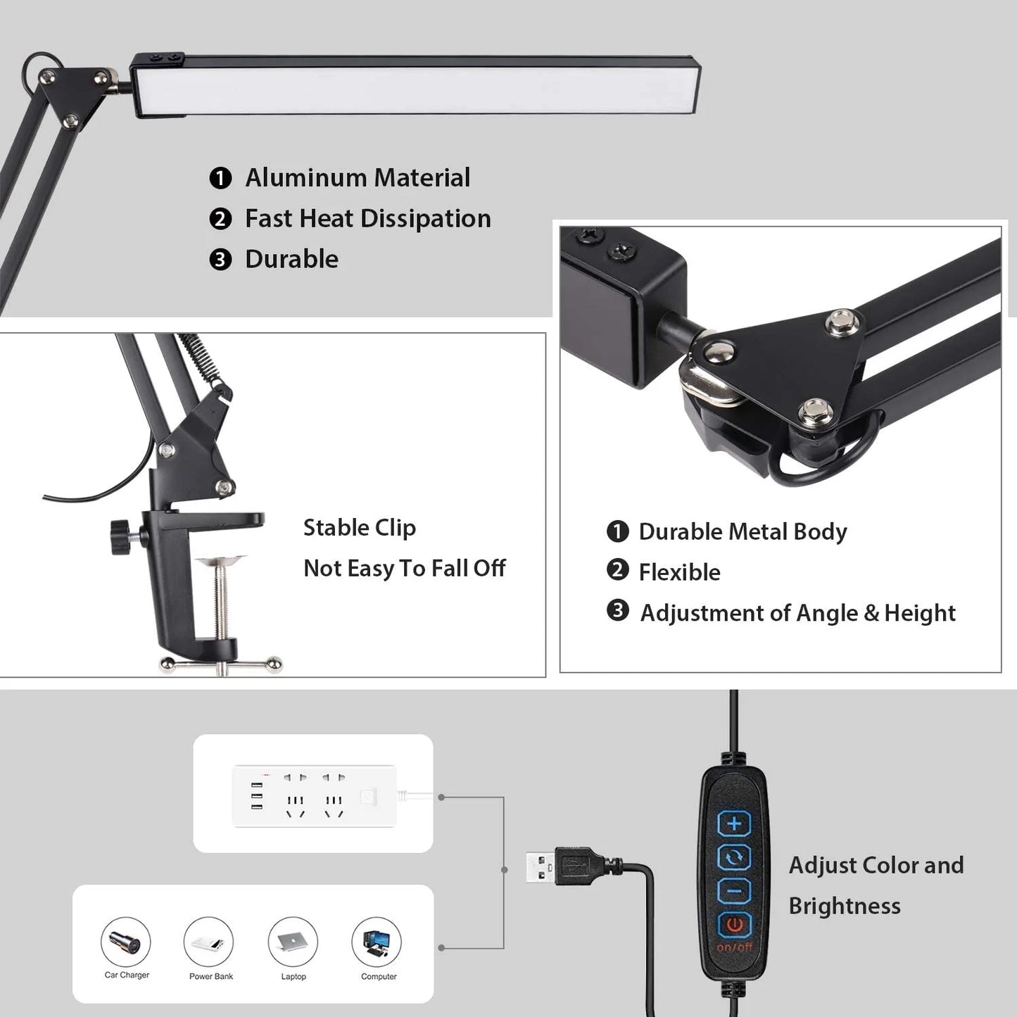 LED Desk Lamp with Clamp, Swing Arm Desk Lamp, Adjustable Desk Light Eye-Care Table Light(3 Color Modes, 10-Level Dimmer, Eye Care)