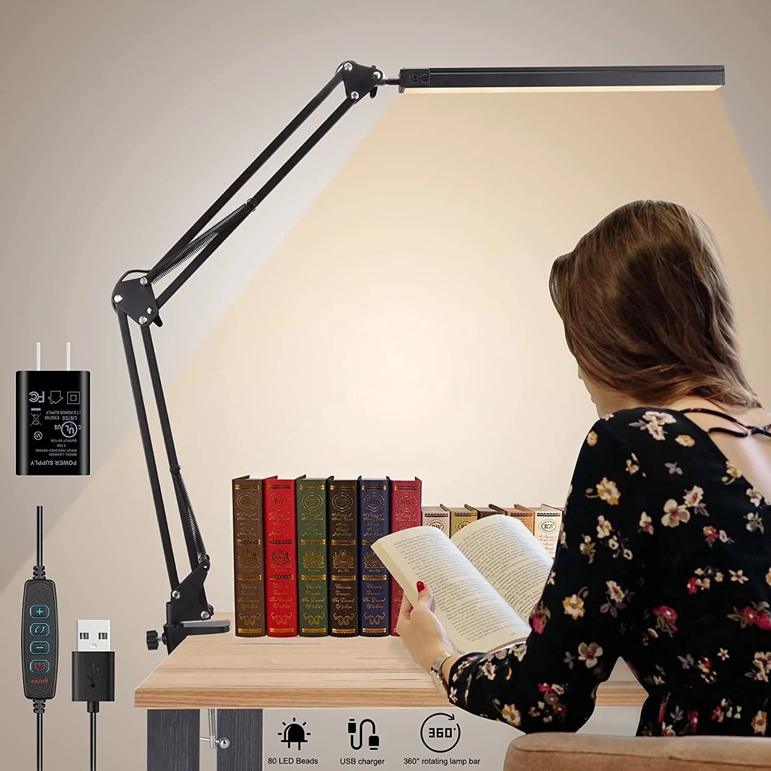 LED Desk Lamp with Clamp, Swing Arm Desk Lamp, Adjustable Desk Light Eye-Care Table Light(3 Color Modes, 10-Level Dimmer, Eye Care)