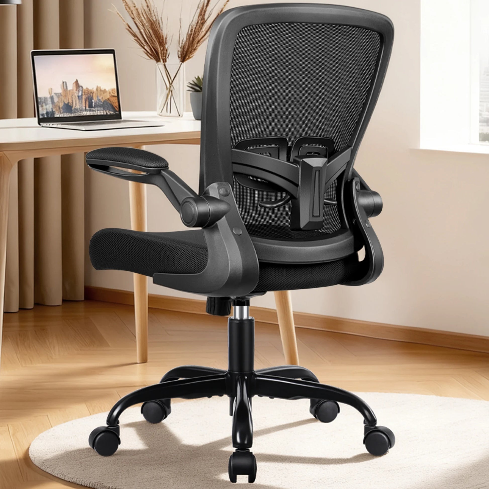 Ergonomic Office Chair, Home Office Desk Chair, Comfort Mesh Task Chair with Adjustable Lumbar Support and Flip up Arms, Black