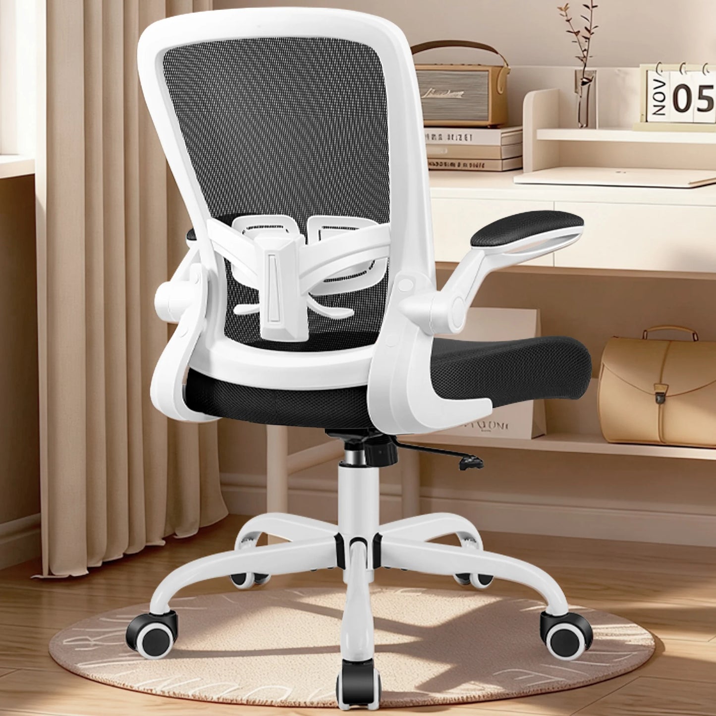 Ergonomic Office Chair, Home Office Desk Chair, Comfort Mesh Task Chair with Adjustable Lumbar Support and Flip up Arms, White