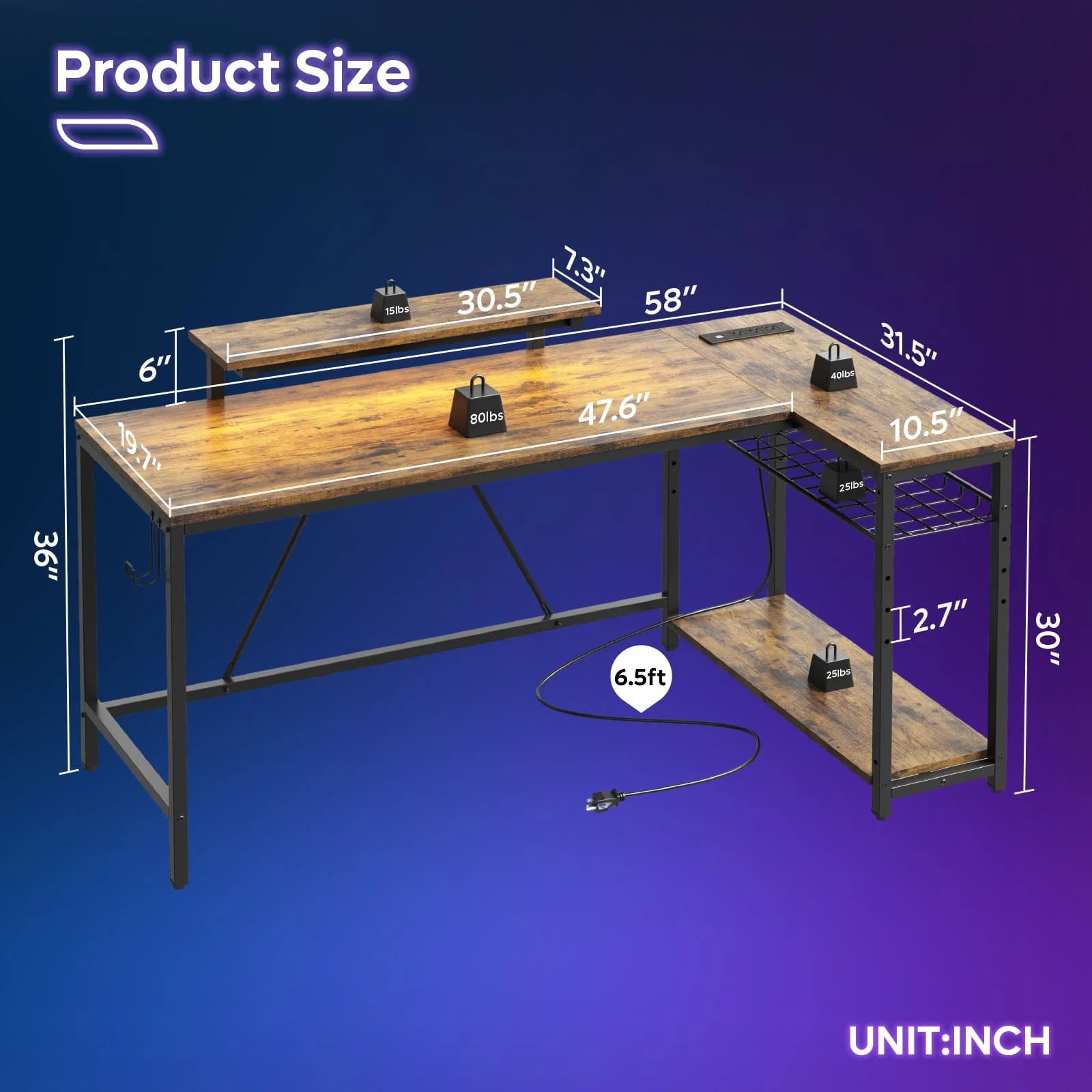 58" Computer Desk with LED Lights L Shaped Corner Desk with Power Outlet & Monitor Stand Home Office Desk, Rustic