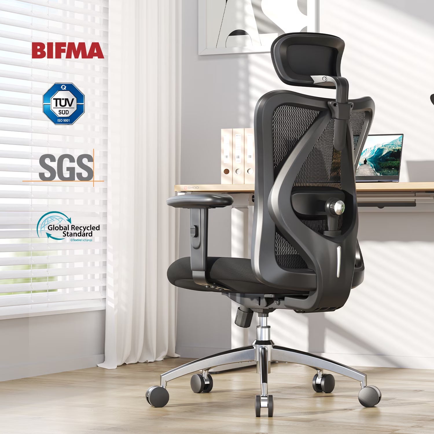 M18 Mesh Ergonomic Office Chair with Adjustable Lumbar Support, High Back, Black