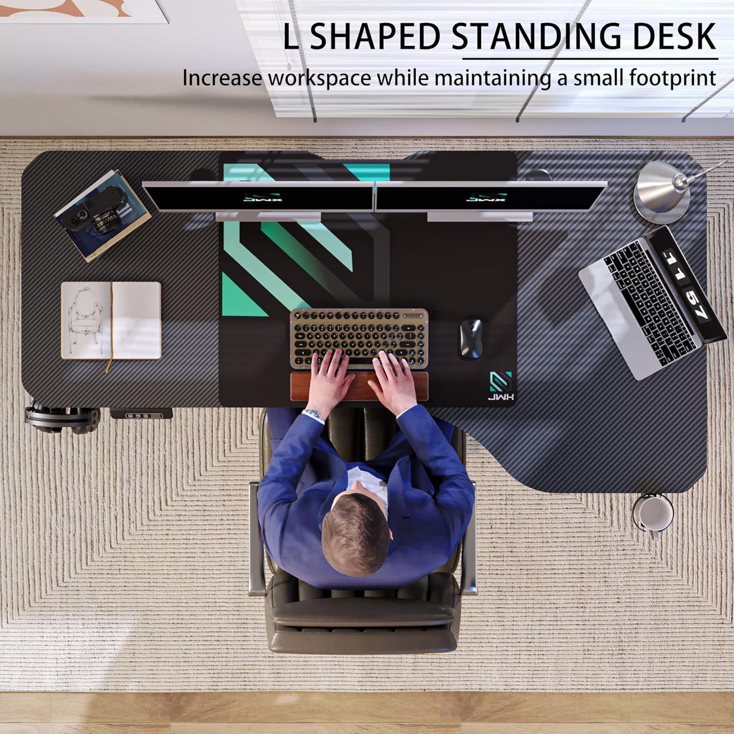 Dual Motor L Shaped Standing Desk 63”, Electric Height Adjustable Gaming Desk with Memory Presets, Child Lock, Sit Stand Reminder, Carbon Fiber Desktop, Cable Management, Cup Holder