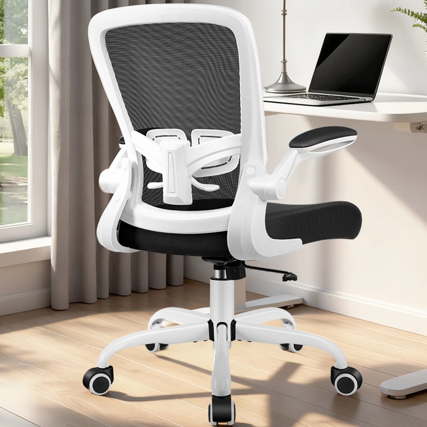 Ergonomic Office Chair, Home Office Desk Chair, Comfort Mesh Task Chair with Adjustable Lumbar Support and Flip up Arms, White