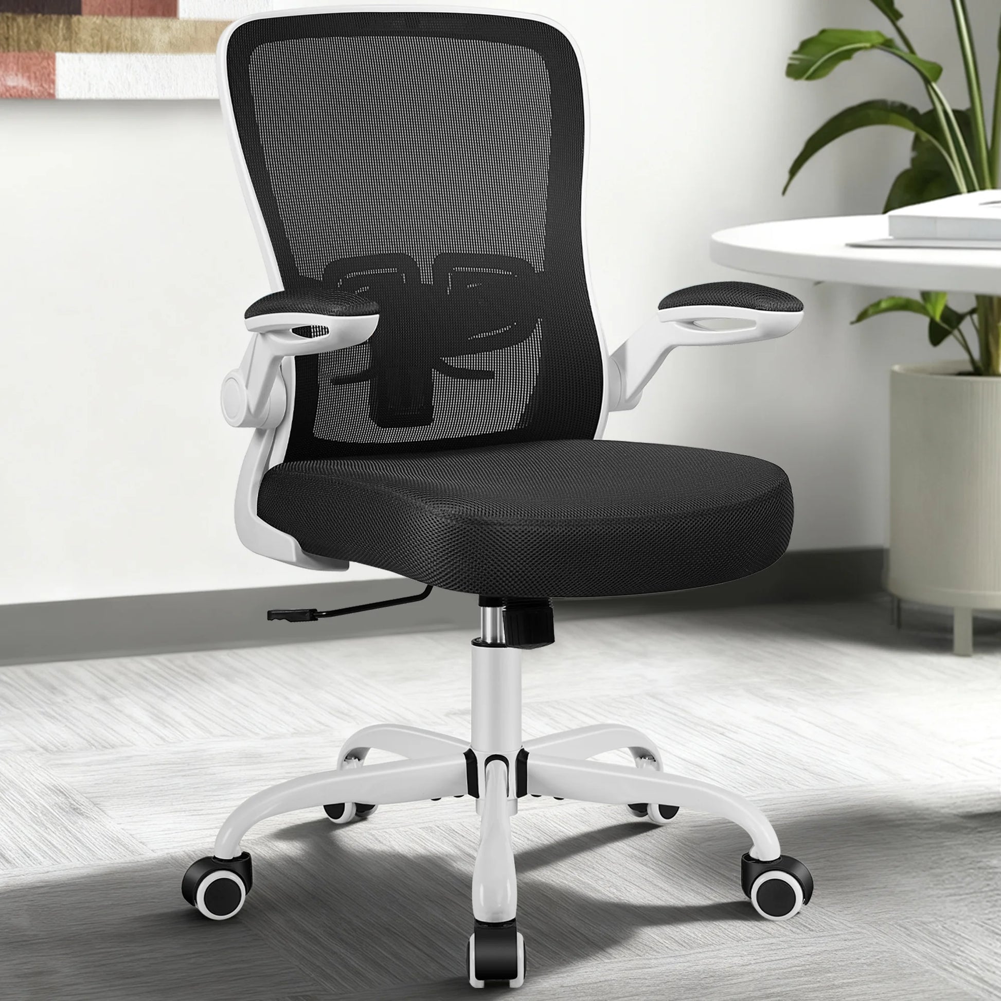 Ergonomic Office Chair, Home Office Desk Chair, Comfort Mesh Task Chair with Adjustable Lumbar Support and Flip up Arms, White