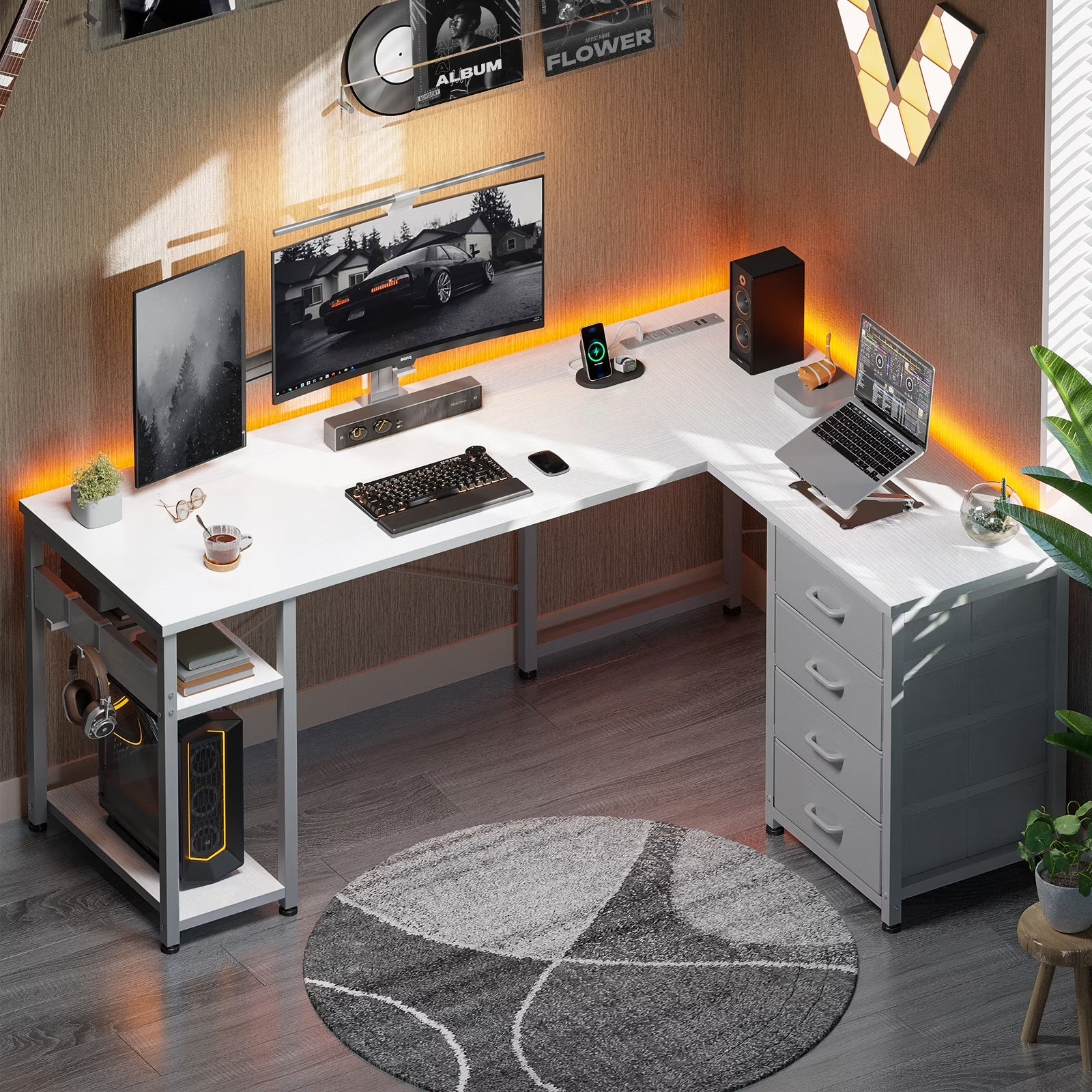 Reversible L Shaped Corner Desk with Charging Station and Drawers, Modern Office & Gaming Desk, Pure White