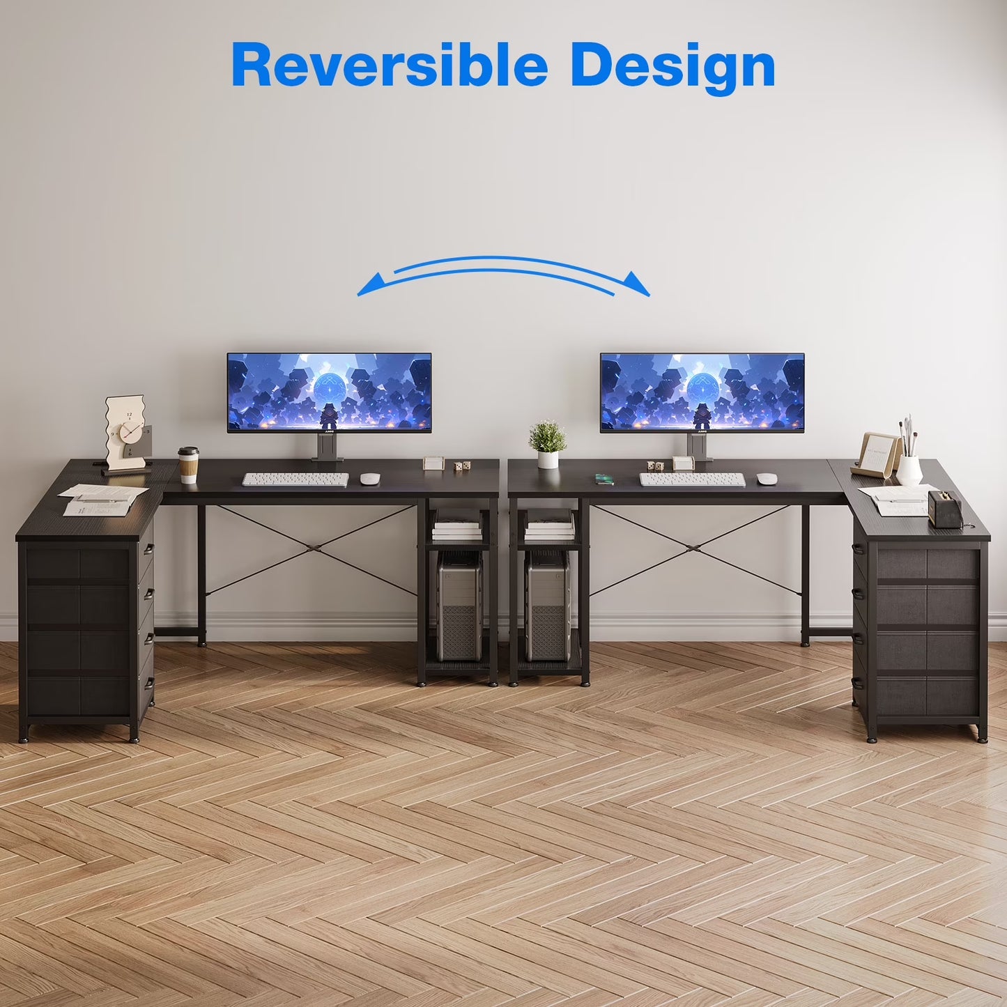 Reversible L Shaped Corner Desk with Charging Station and Drawers, Modern Office & Gaming Desk, Pure Black