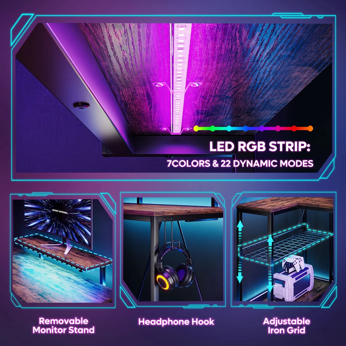 52" Computer Desk with LED Lights L Corner Shaped Desk with Power Outlet & Monitor Stand Home Office Desk in Rustic
