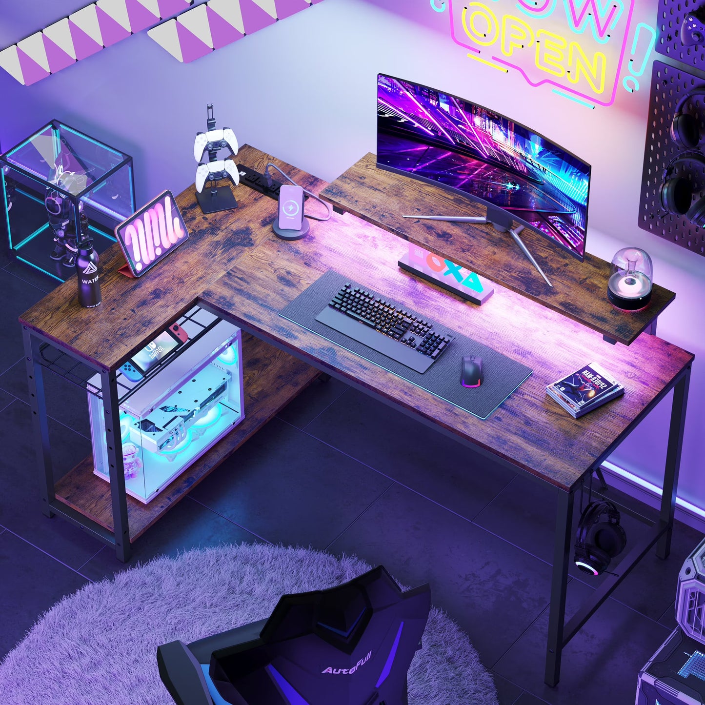 52" Computer Desk with LED Lights L Corner Shaped Desk with Power Outlet & Monitor Stand Home Office Desk in Rustic