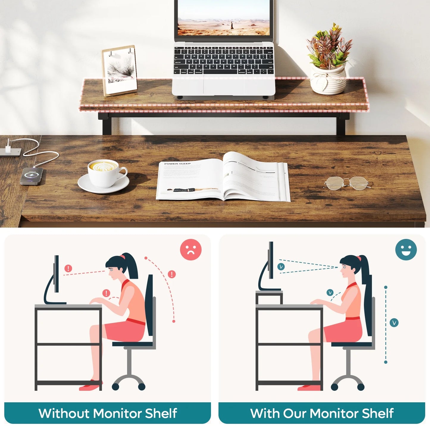 52" Computer Desk with LED Lights L Corner Shaped Desk with Power Outlet & Monitor Stand Home Office Desk in Rustic