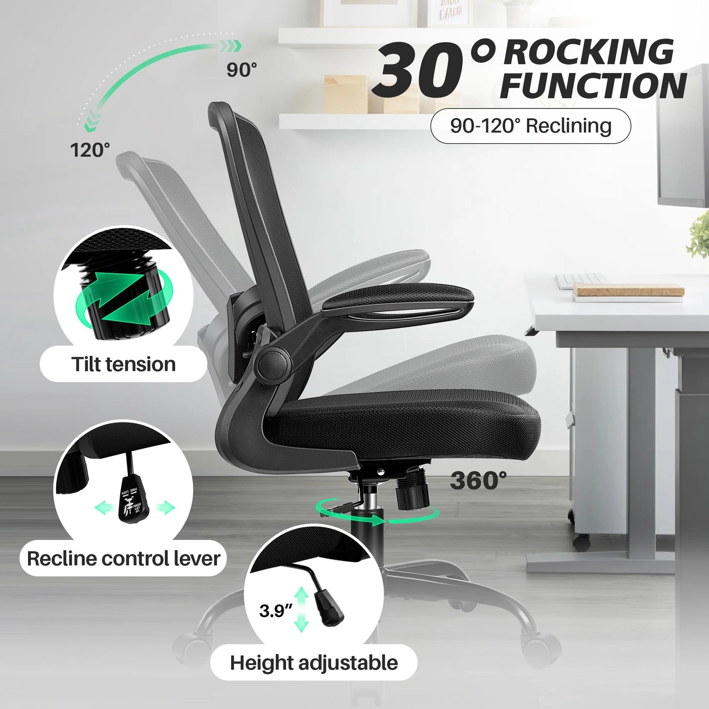 Ergonomic Office Chair, Home Office Desk Chair, Comfort Mesh Task Chair with Adjustable Lumbar Support and Flip up Arms, Black