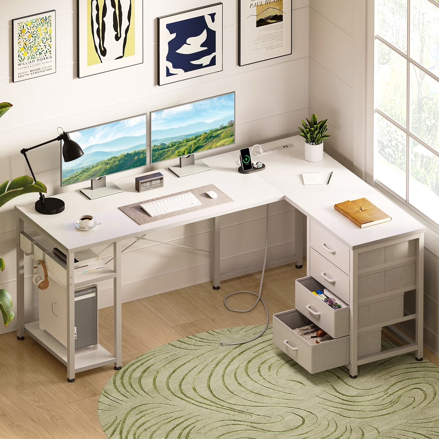 Reversible L Shaped Corner Desk with Charging Station and Drawers, Modern Office & Gaming Desk, Pure White