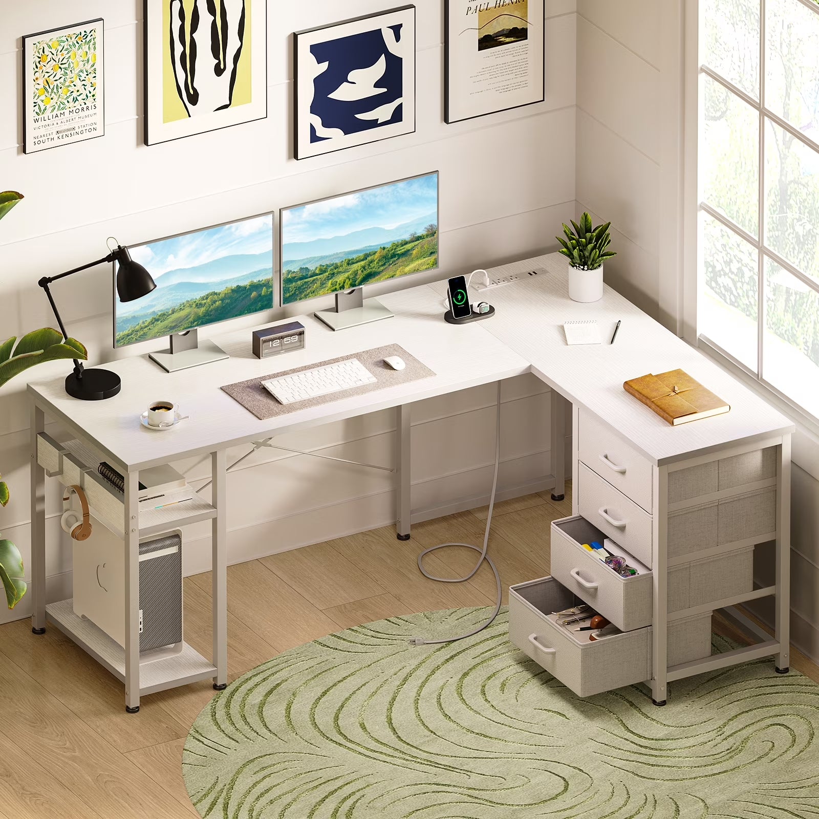Reversible L Shaped Corner Desk with Charging Station and Drawers, Modern Office & Gaming Desk, Pure White