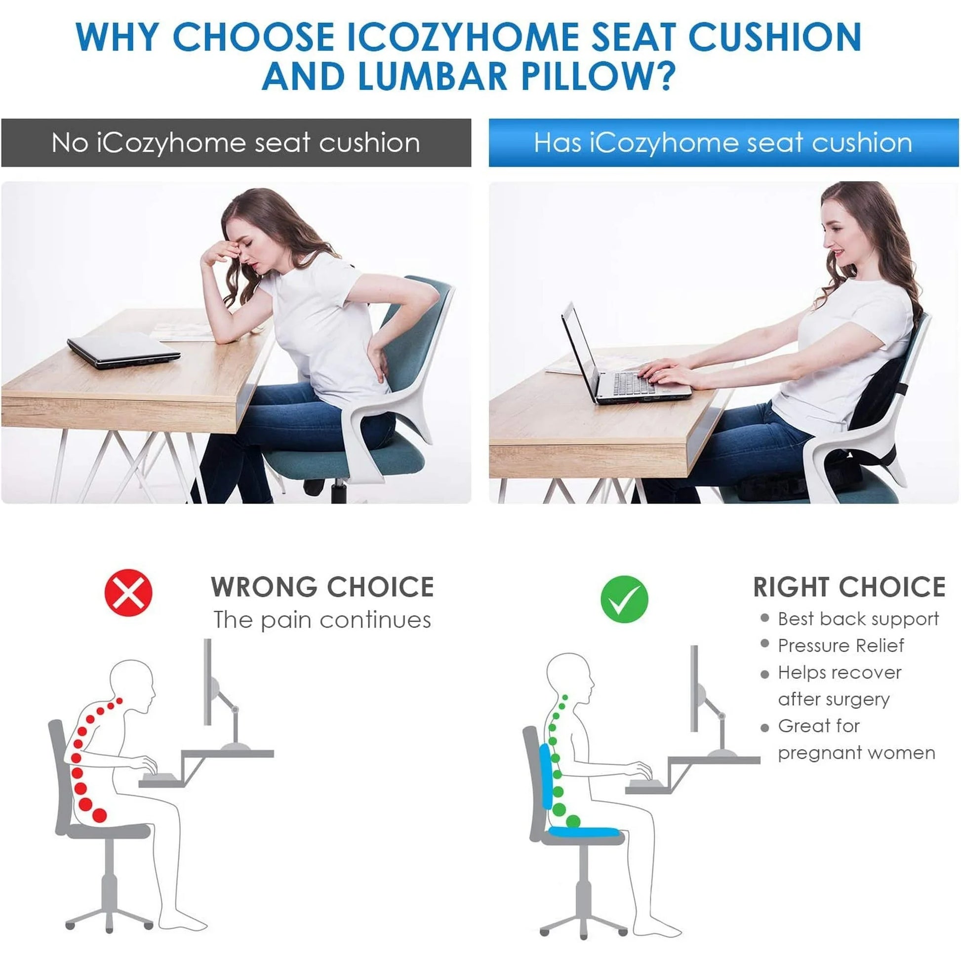 Seat Cushion and Lumbar Support Pillow for Office Chair, Memory Foam Car Seat Cushions Back Support Pillows, Help Relieve Pain of Back, Lumbar, Tailbone and Sciatic Nerve (Black)