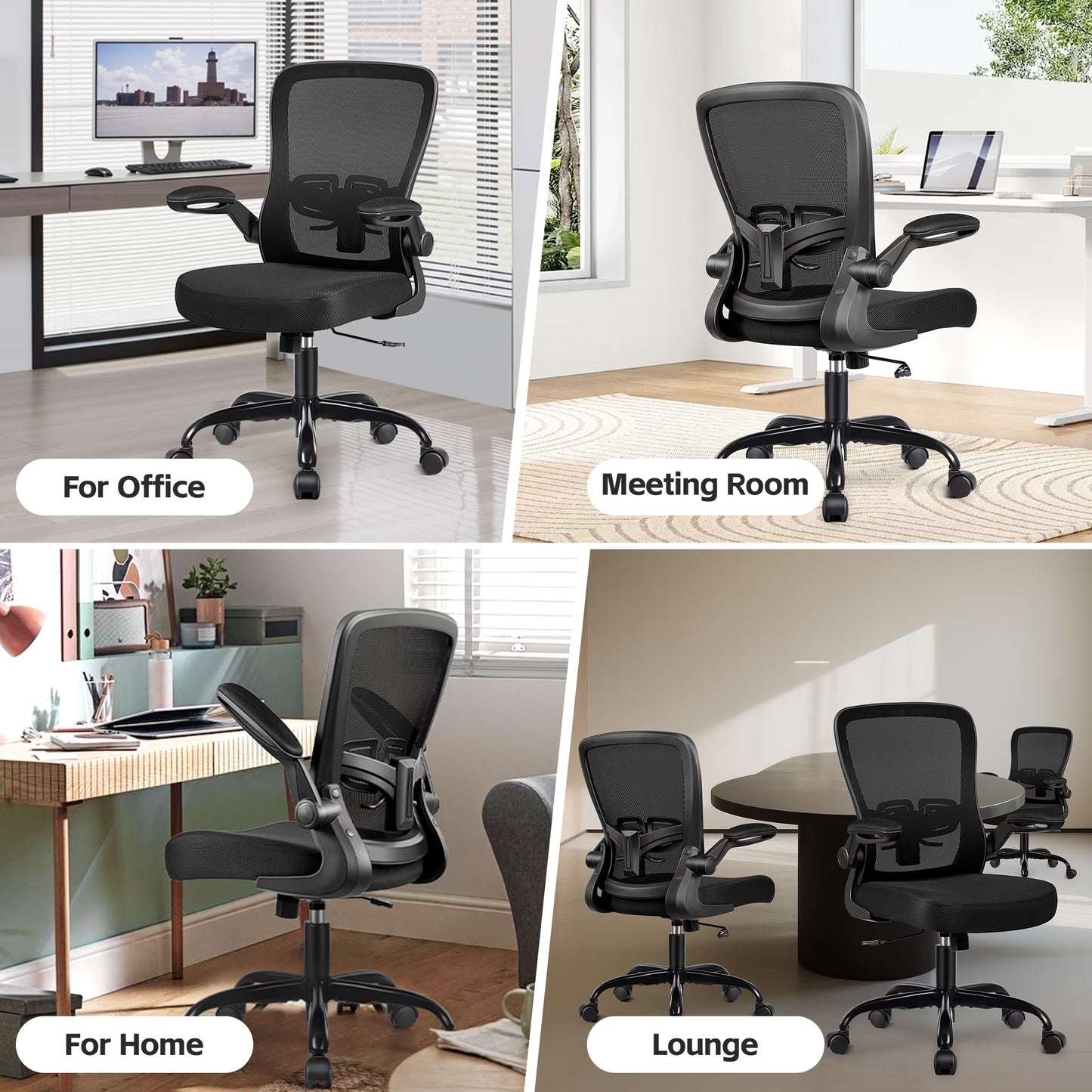 Ergonomic Office Chair, Home Office Desk Chair, Comfort Mesh Task Chair with Adjustable Lumbar Support and Flip up Arms, Black