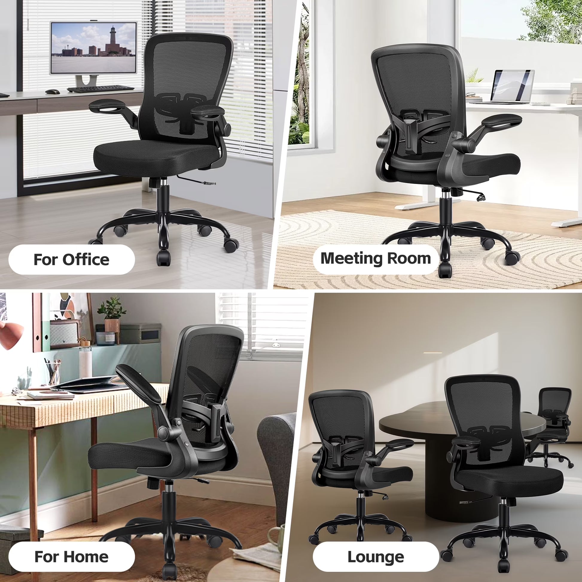 Ergonomic Office Chair, Home Office Desk Chair, Comfort Mesh Task Chair with Adjustable Lumbar Support and Flip up Arms, Black