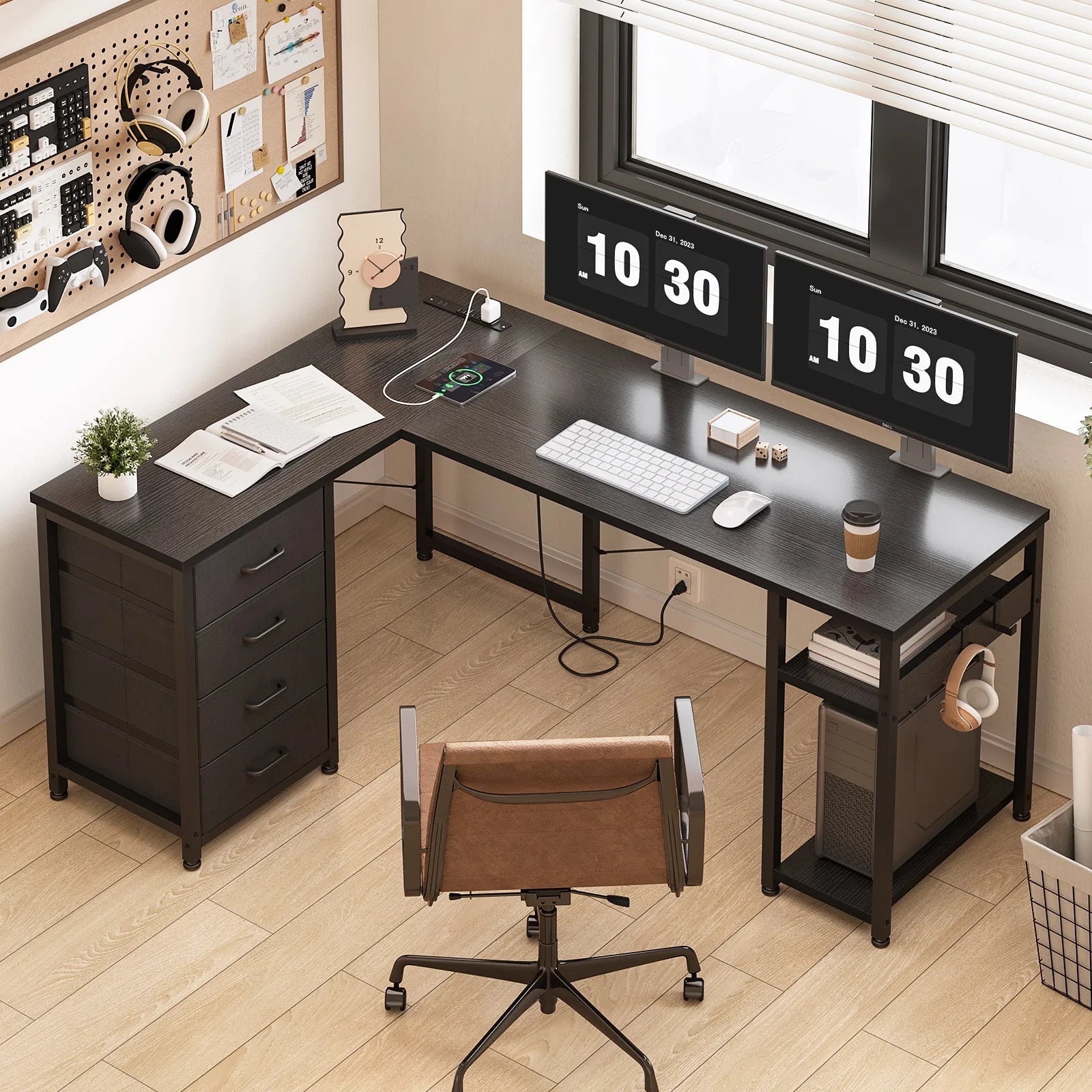 Reversible L Shaped Corner Desk with Charging Station and Drawers, Modern Office & Gaming Desk, Pure Black