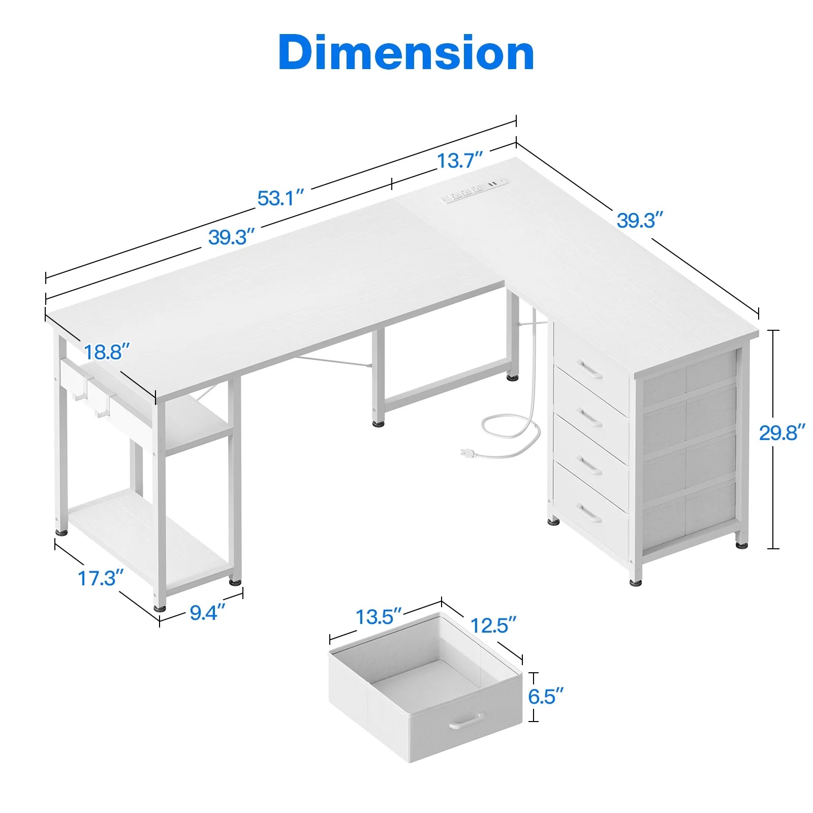 Reversible L Shaped Corner Desk with Charging Station and Drawers, Modern Office & Gaming Desk, Pure White