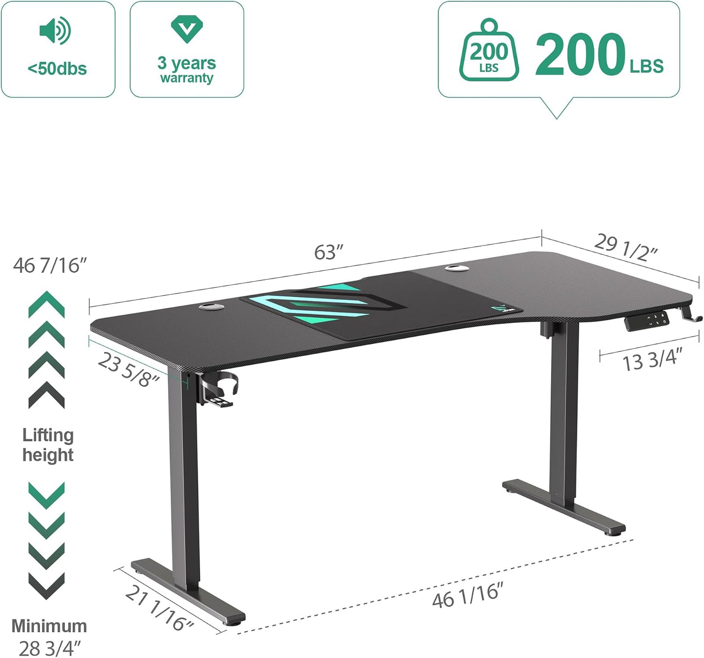 Dual Motor L Shaped Standing Desk 63”, Electric Height Adjustable Gaming Desk with Memory Presets, Child Lock, Sit Stand Reminder, Carbon Fiber Desktop, Cable Management, Cup Holder