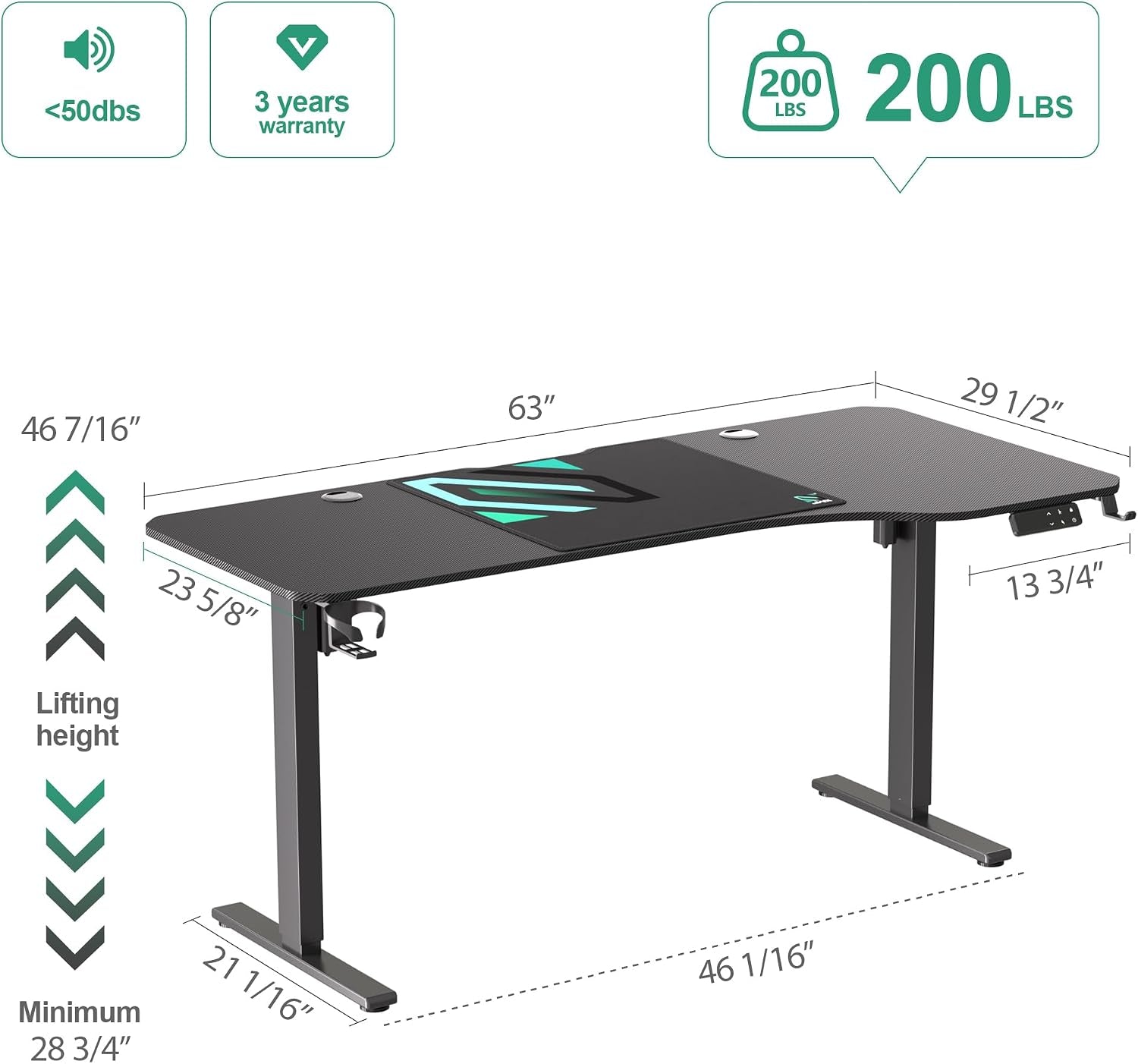 Dual Motor L Shaped Standing Desk 63”, Electric Height Adjustable Gaming Desk with Memory Presets, Child Lock, Sit Stand Reminder, Carbon Fiber Desktop, Cable Management, Cup Holder