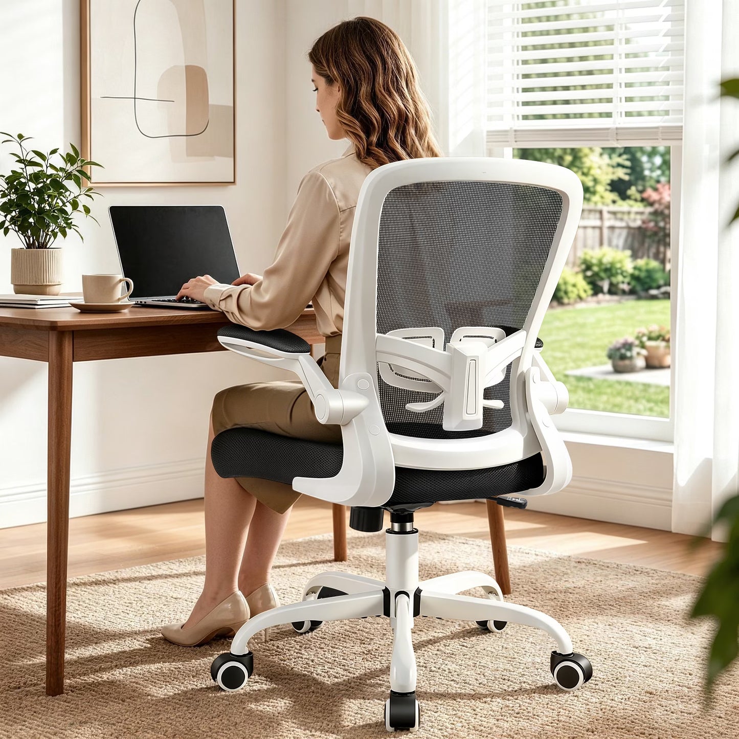 Ergonomic Office Chair, Home Office Desk Chair, Comfort Mesh Task Chair with Adjustable Lumbar Support and Flip up Arms, White