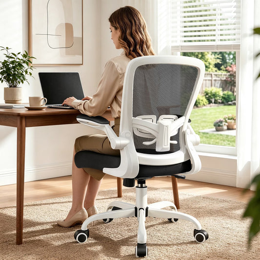 Ergonomic Office Chair, Home Office Desk Chair, Comfort Mesh Task Chair with Adjustable Lumbar Support and Flip up Arms, White