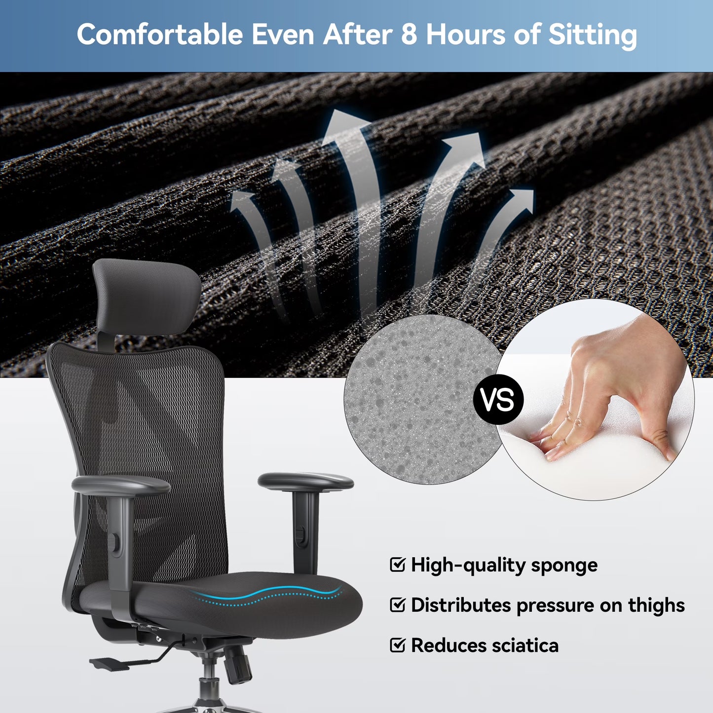 M18 Mesh Ergonomic Office Chair with Adjustable Lumbar Support, High Back, Black