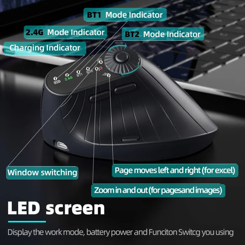 Wireless Vertical Mouse Rechargeable Optical Mice with Function Adjustment Knob Ergonomic Mouse for Multi-Purpose