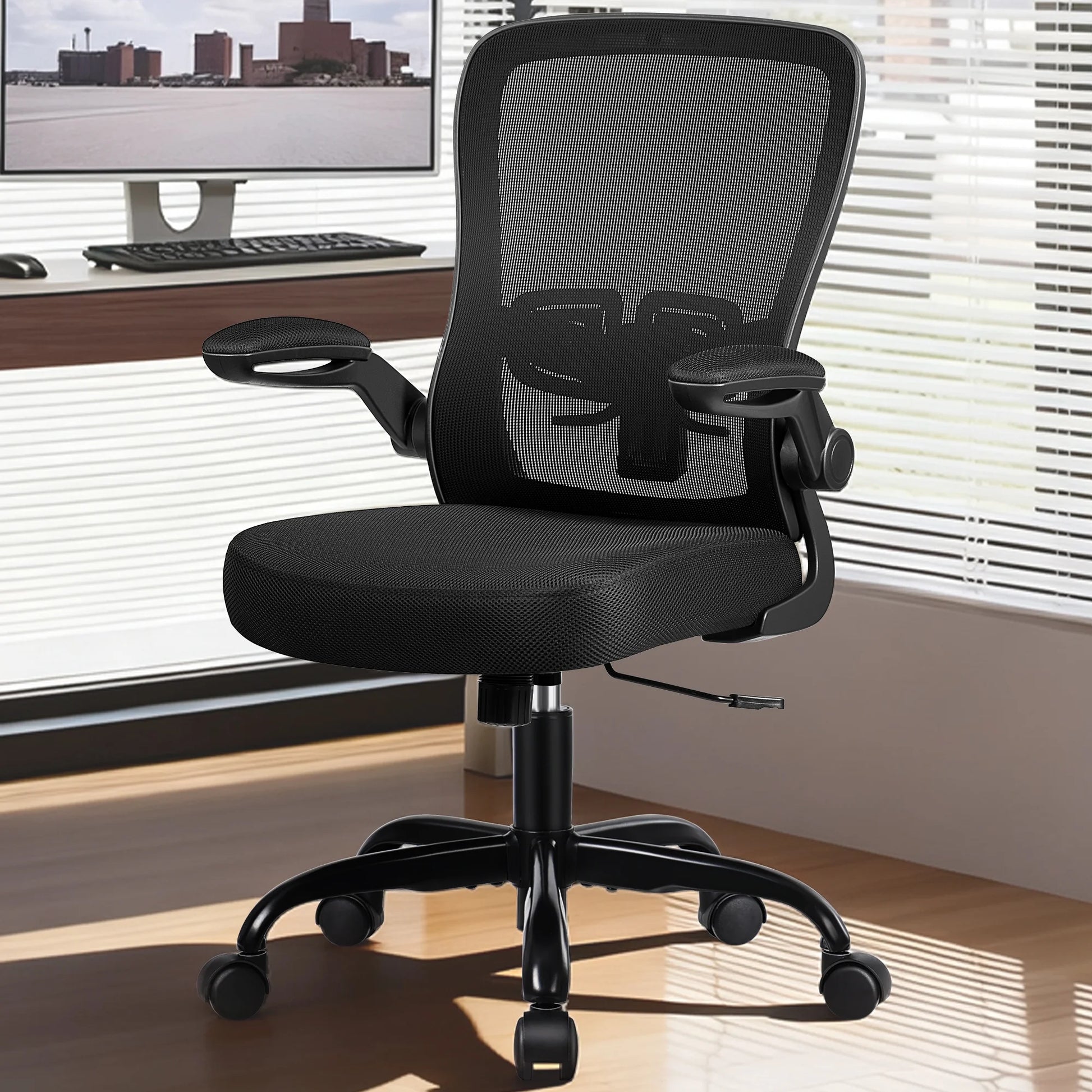 Ergonomic Office Chair, Home Office Desk Chair, Comfort Mesh Task Chair with Adjustable Lumbar Support and Flip up Arms, Black