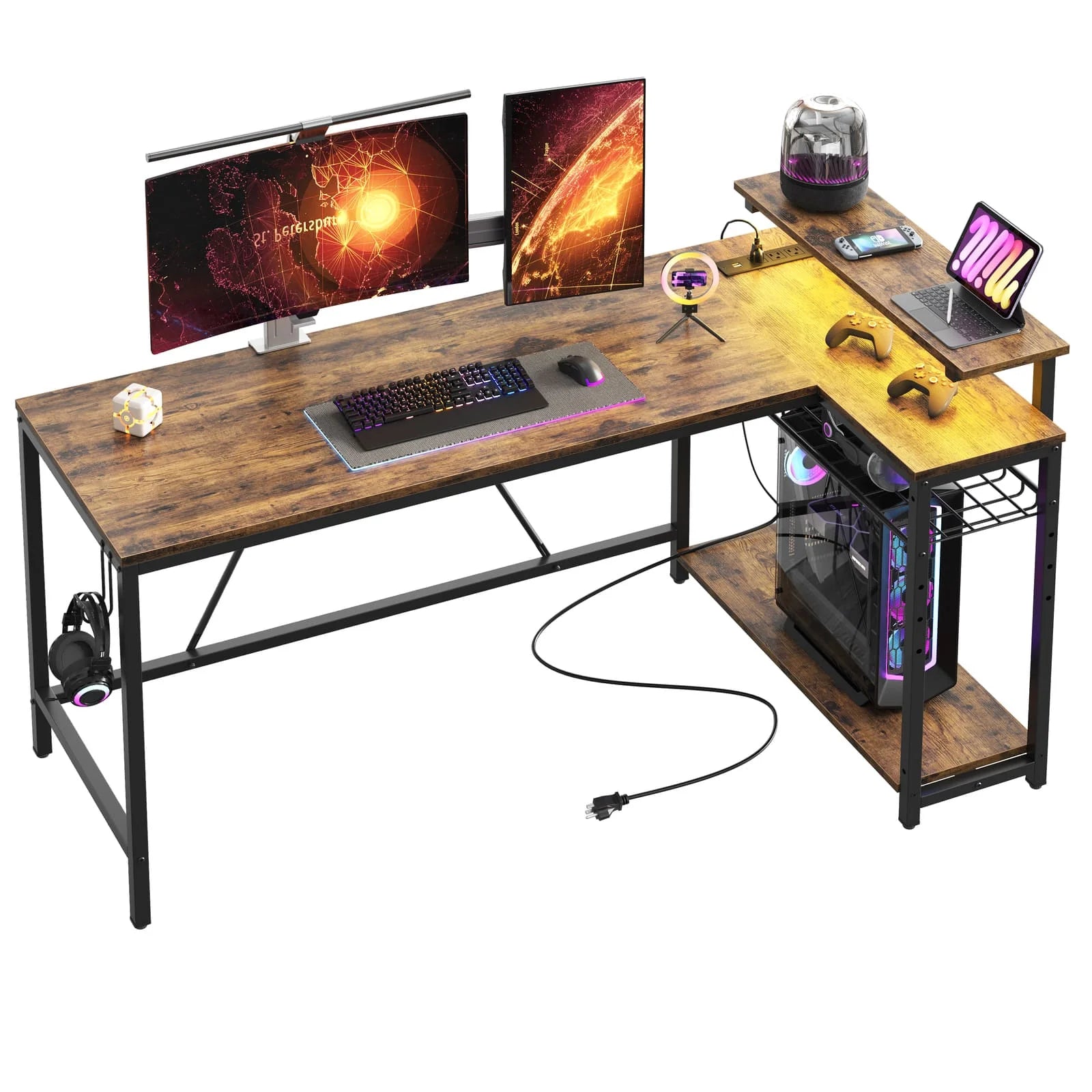58" Computer Desk with LED Lights L Shaped Corner Desk with Power Outlet & Monitor Stand Home Office Desk, Rustic