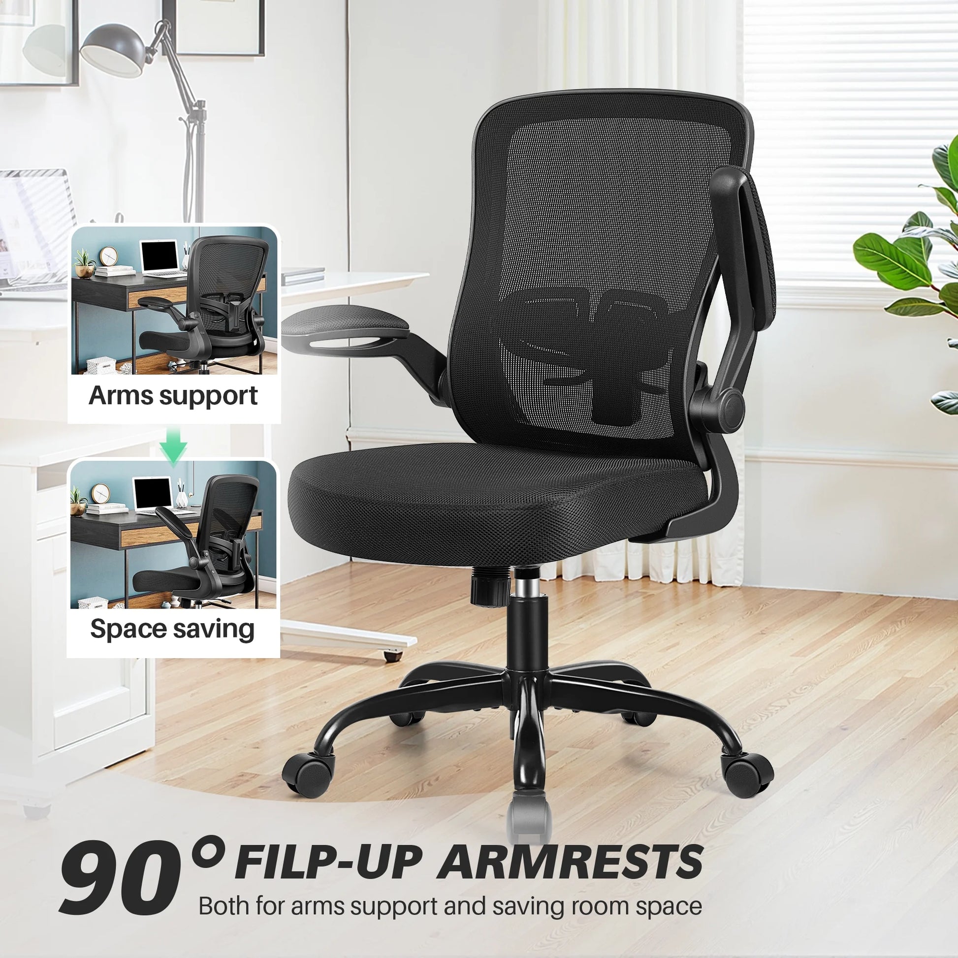 Ergonomic Office Chair, Home Office Desk Chair, Comfort Mesh Task Chair with Adjustable Lumbar Support and Flip up Arms, Black