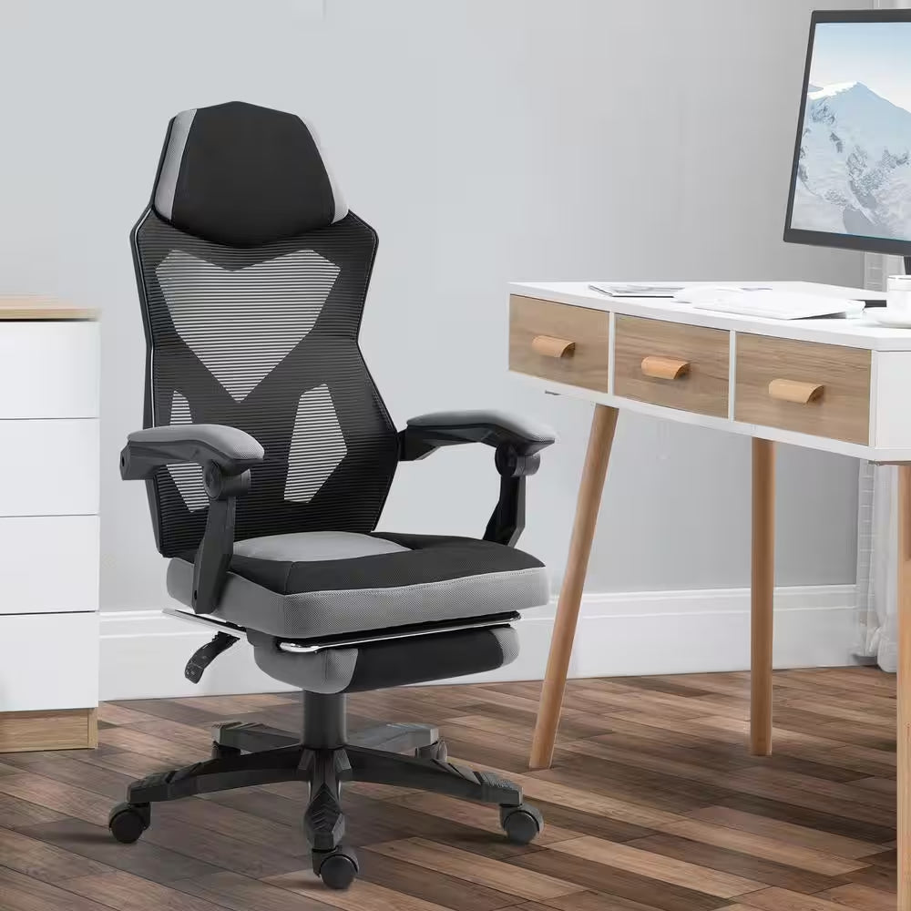 Grey, Ergonomic Home Office Chair High Back Armchair Computer Desk Recliner with Footrest, Mesh Back, Lumbar Support