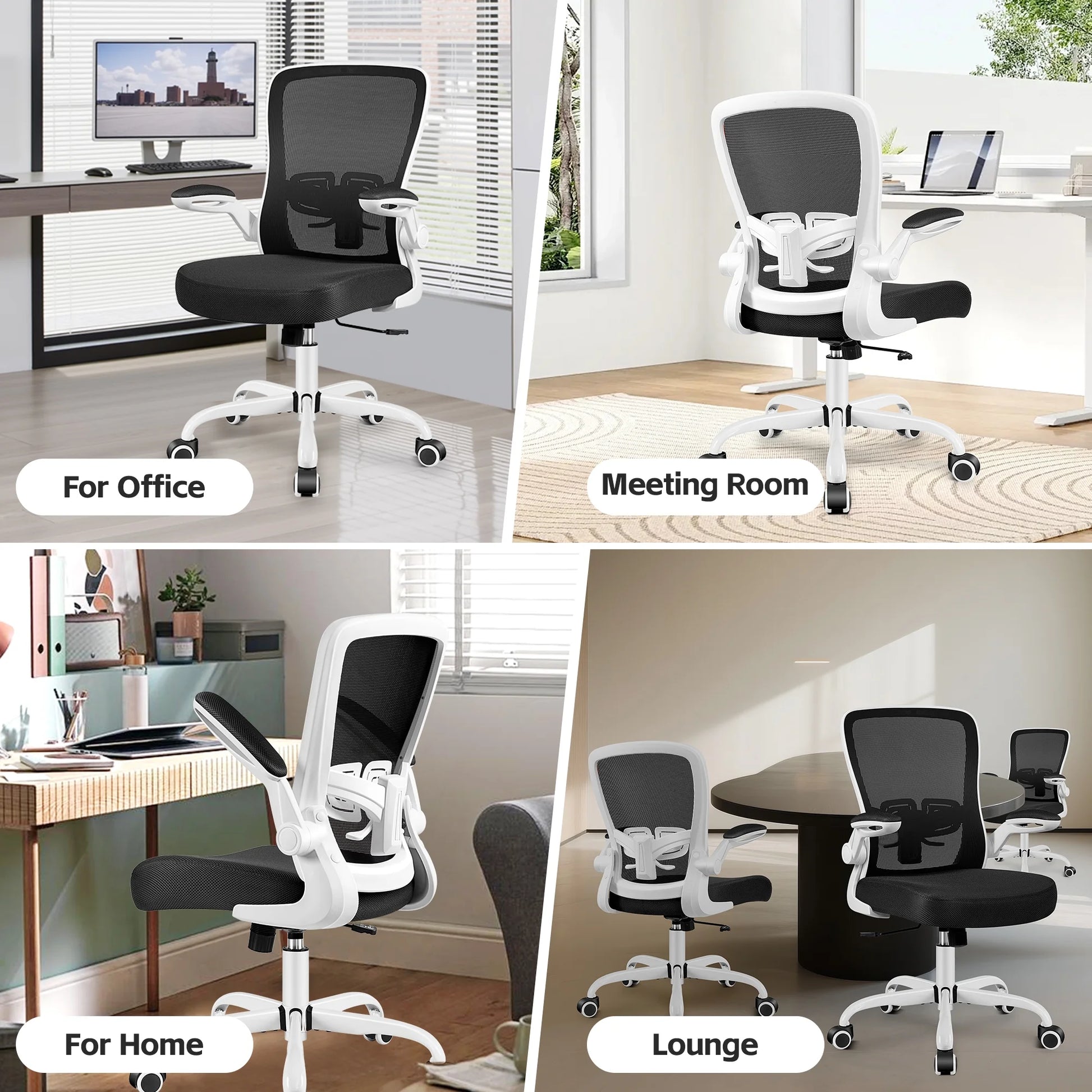 Ergonomic Office Chair, Home Office Desk Chair, Comfort Mesh Task Chair with Adjustable Lumbar Support and Flip up Arms, White
