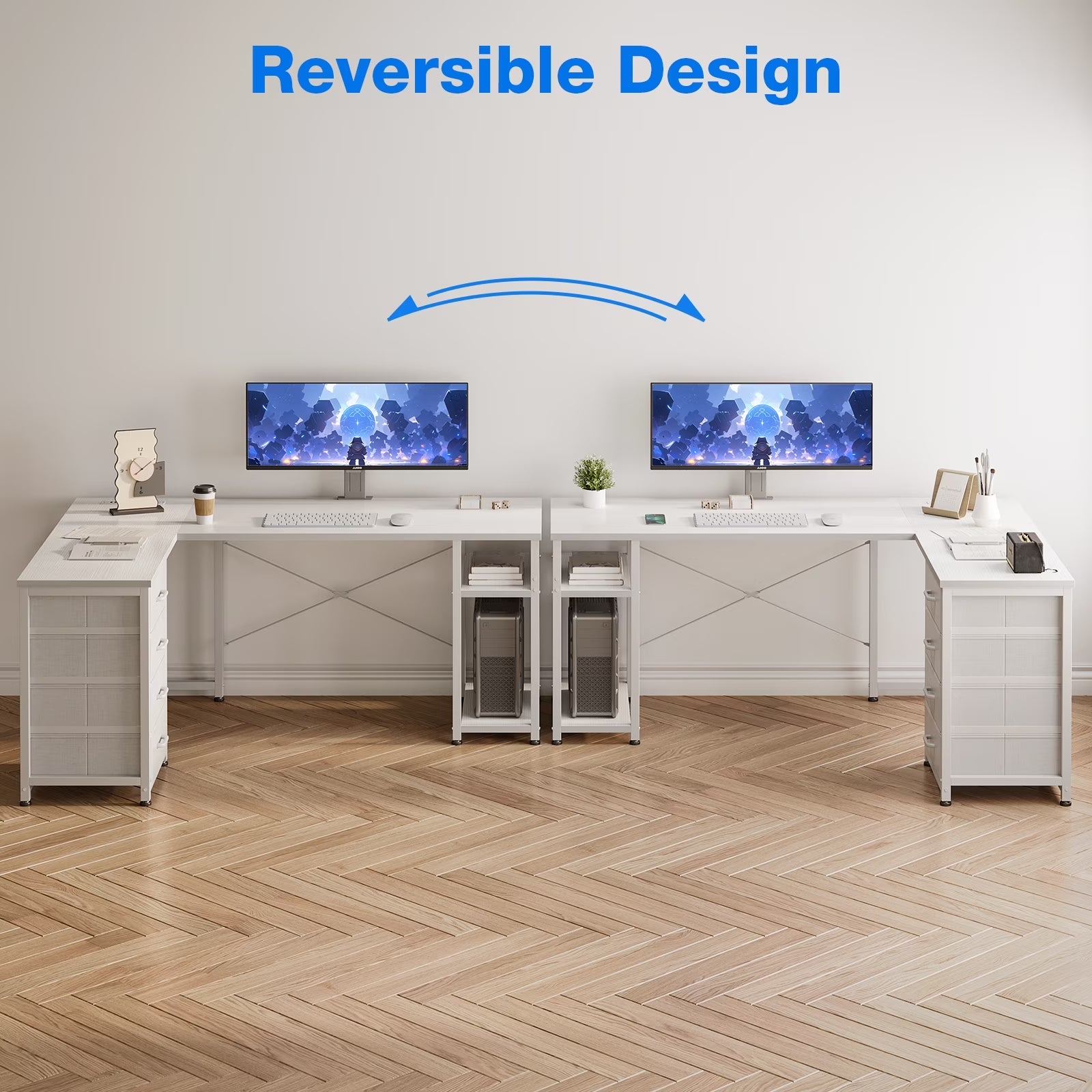 Reversible L Shaped Corner Desk with Charging Station and Drawers, Modern Office & Gaming Desk, Pure White