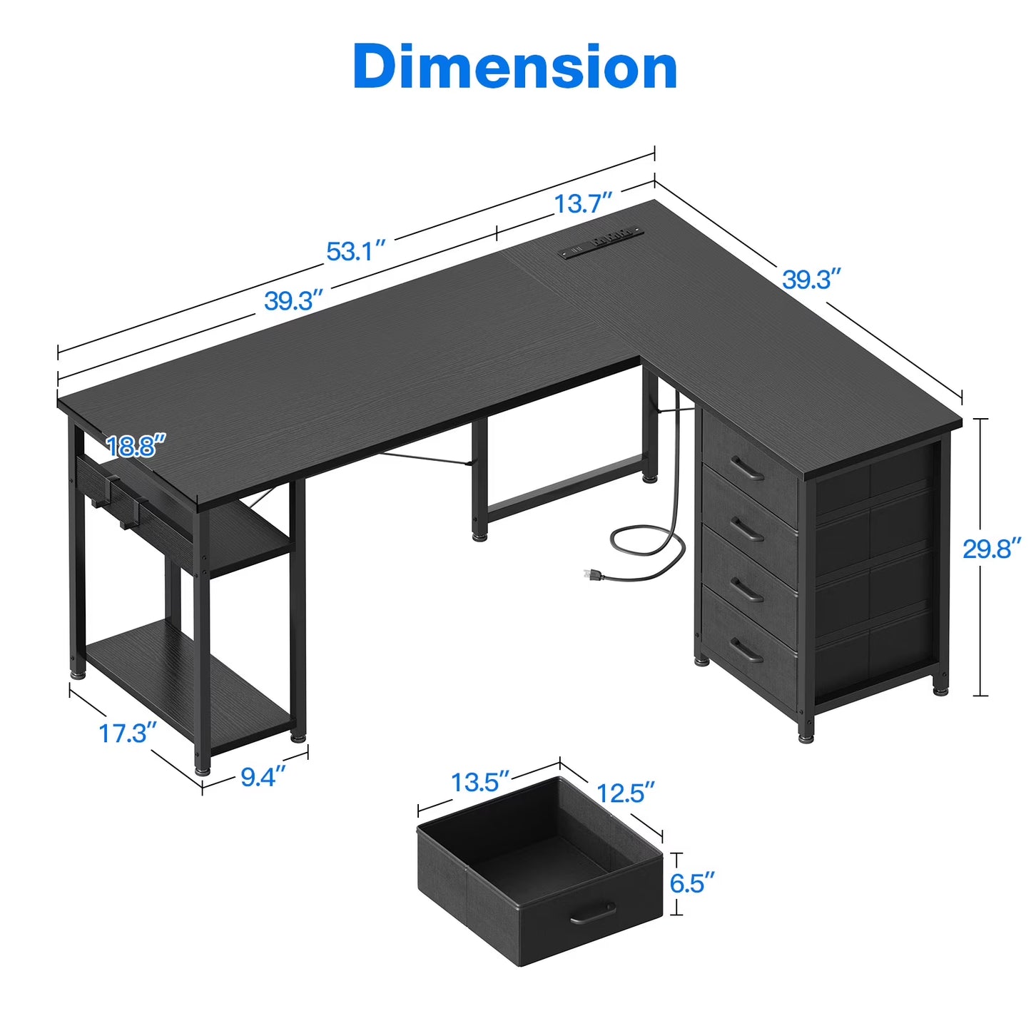 Reversible L Shaped Corner Desk with Charging Station and Drawers, Modern Office & Gaming Desk, Pure Black