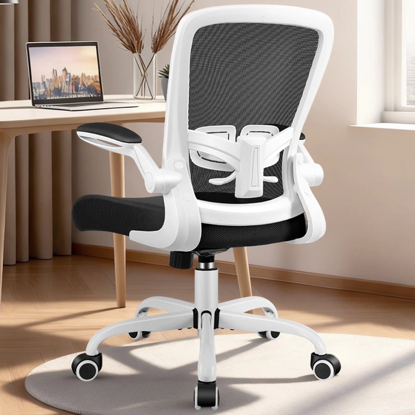 Ergonomic Office Chair, Home Office Desk Chair, Comfort Mesh Task Chair with Adjustable Lumbar Support and Flip up Arms, White