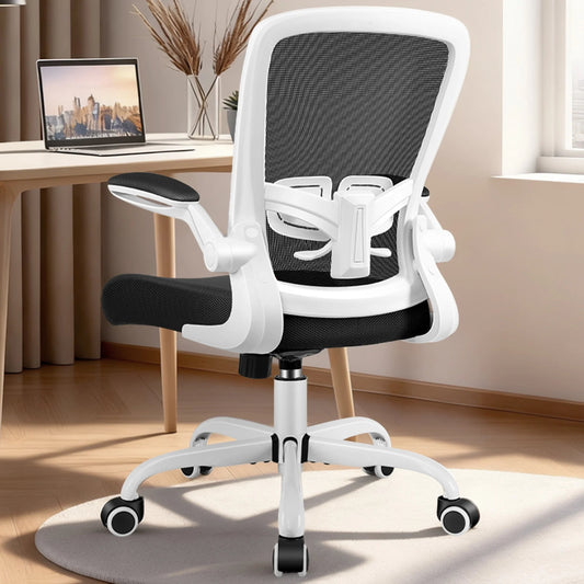 Ergonomic Office Chair, Home Office Desk Chair, Comfort Mesh Task Chair with Adjustable Lumbar Support and Flip up Arms, White