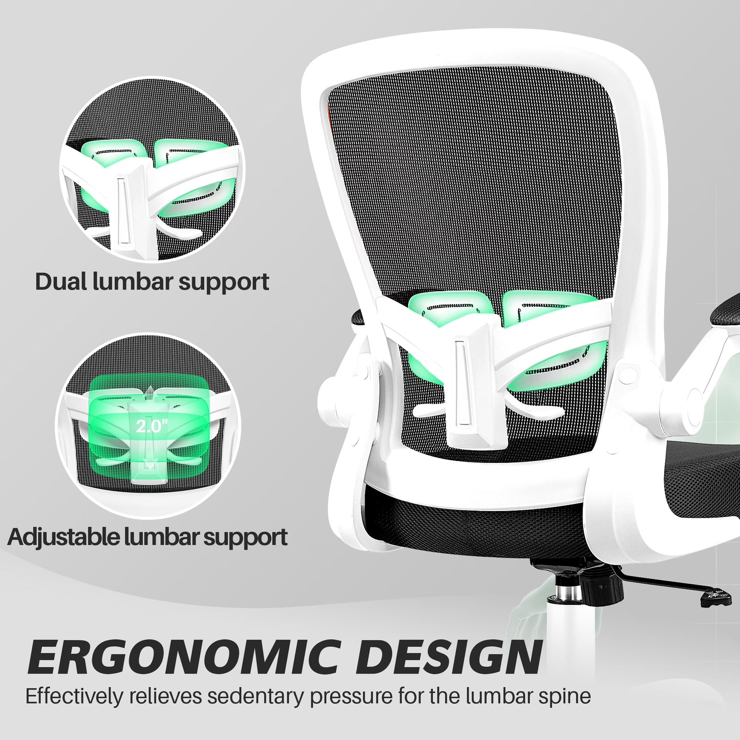 Ergonomic Office Chair, Home Office Desk Chair, Comfort Mesh Task Chair with Adjustable Lumbar Support and Flip up Arms, White