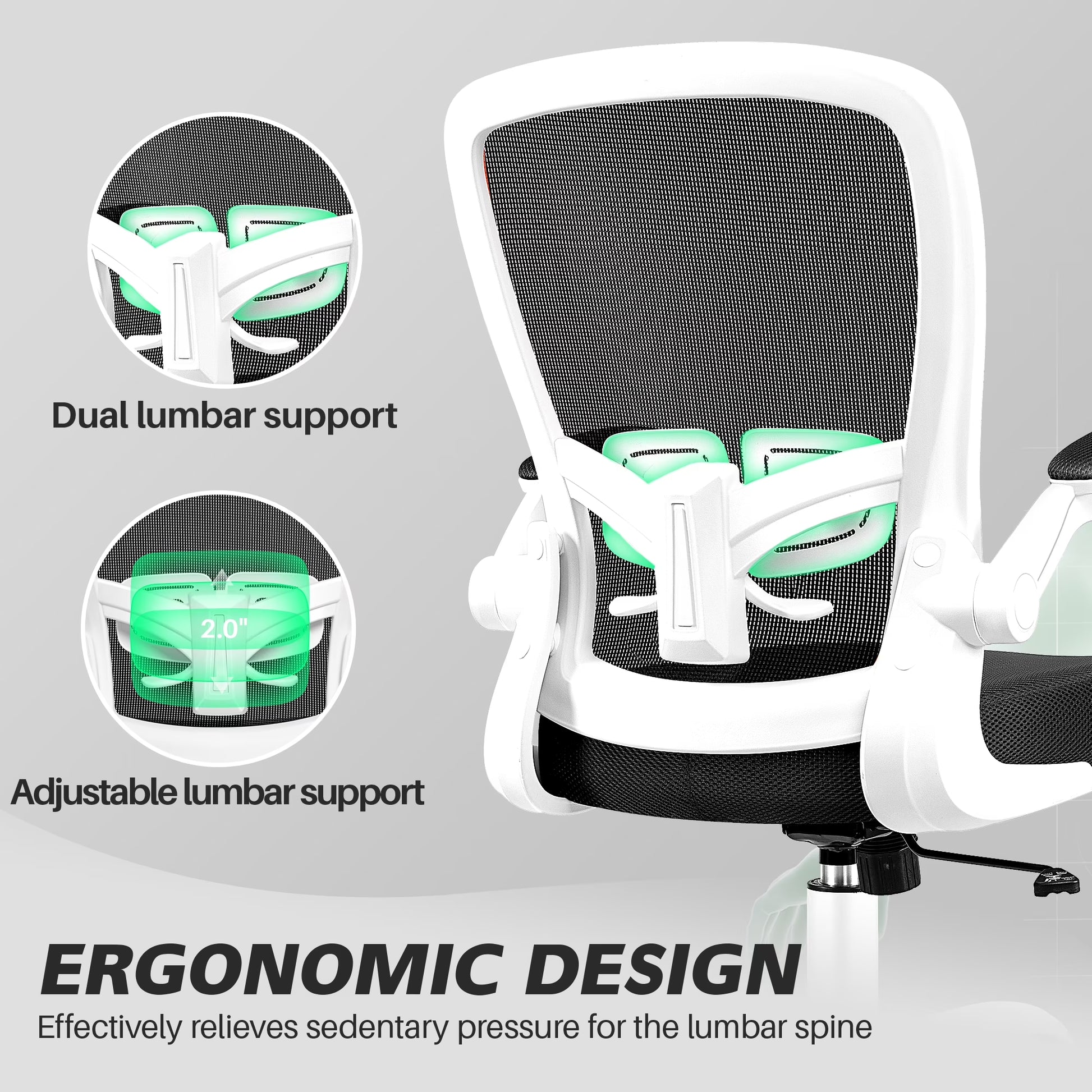 Ergonomic Office Chair, Home Office Desk Chair, Comfort Mesh Task Chair with Adjustable Lumbar Support and Flip up Arms, White
