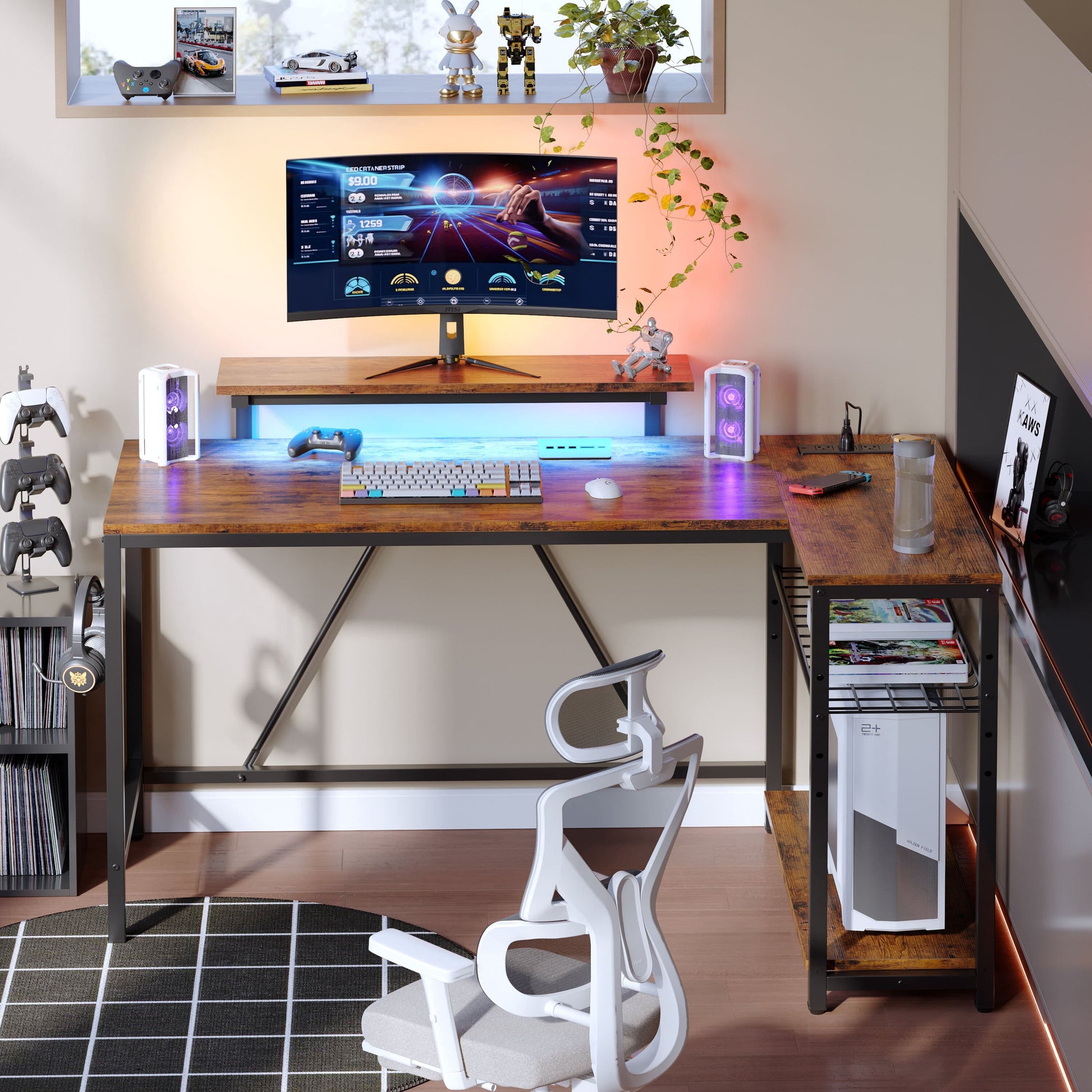 52" Computer Desk with LED Lights L Corner Shaped Desk with Power Outlet & Monitor Stand Home Office Desk in Rustic