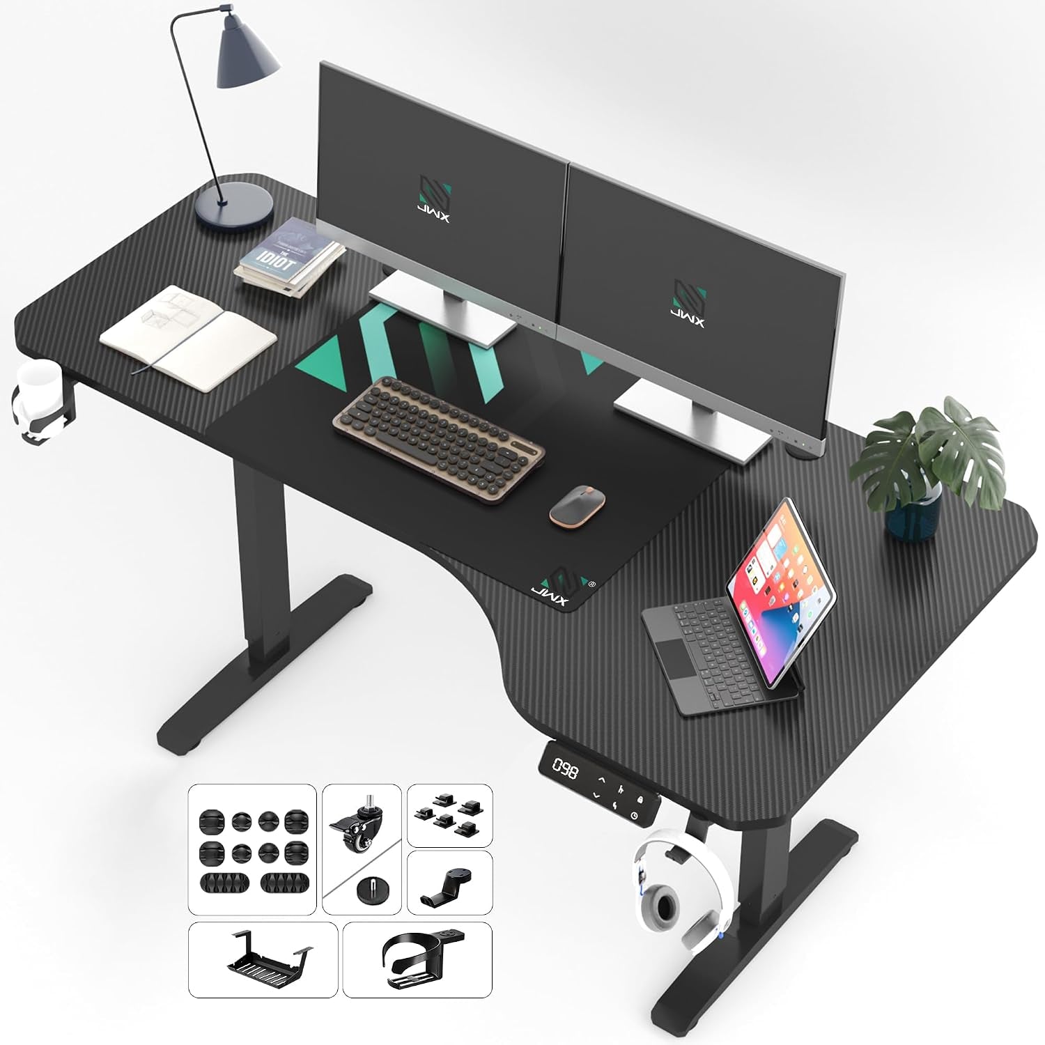 Dual Motor L Shaped Standing Desk 63”, Electric Height Adjustable Gaming Desk with Memory Presets, Child Lock, Sit Stand Reminder, Carbon Fiber Desktop, Cable Management, Cup Holder