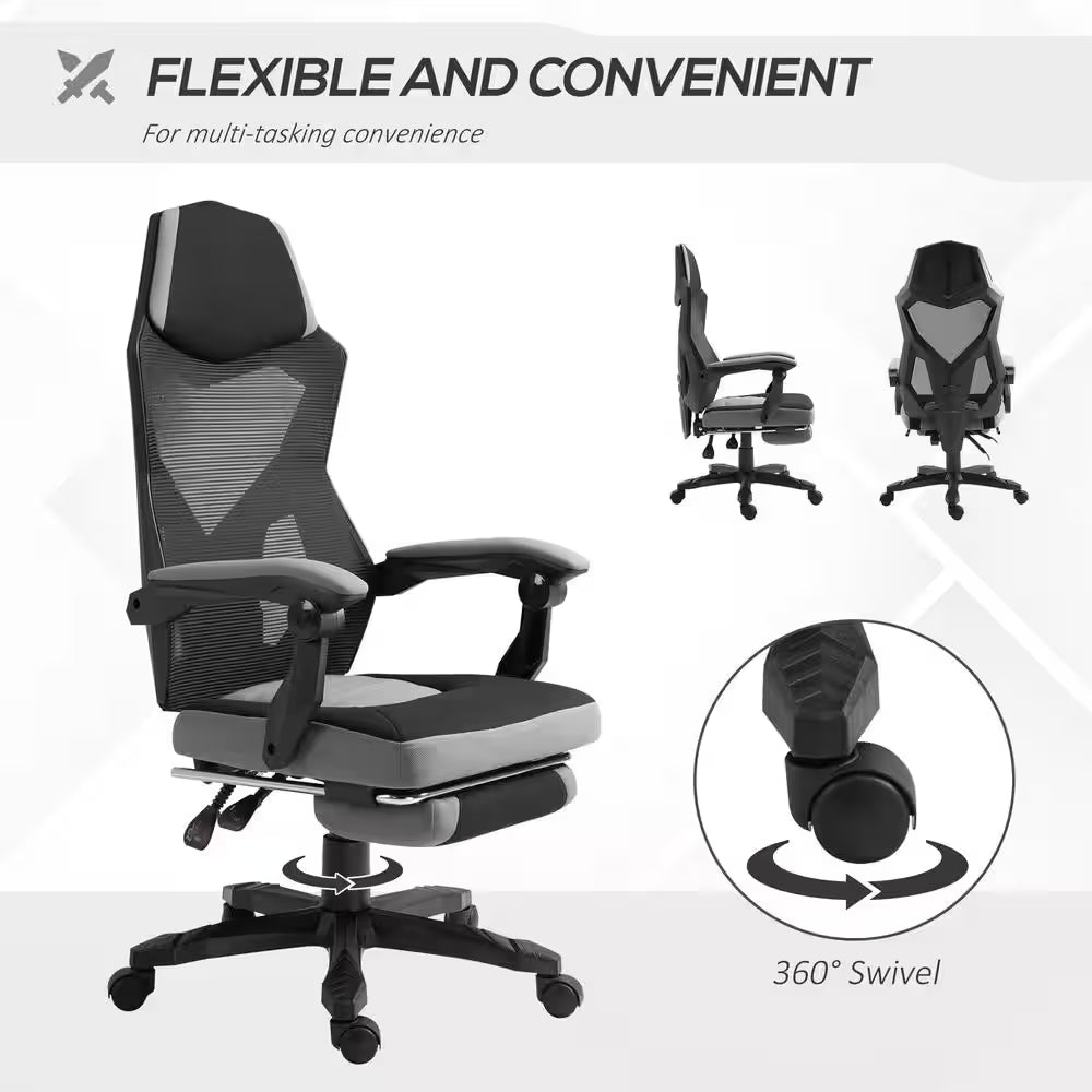 Grey, Ergonomic Home Office Chair High Back Armchair Computer Desk Recliner with Footrest, Mesh Back, Lumbar Support